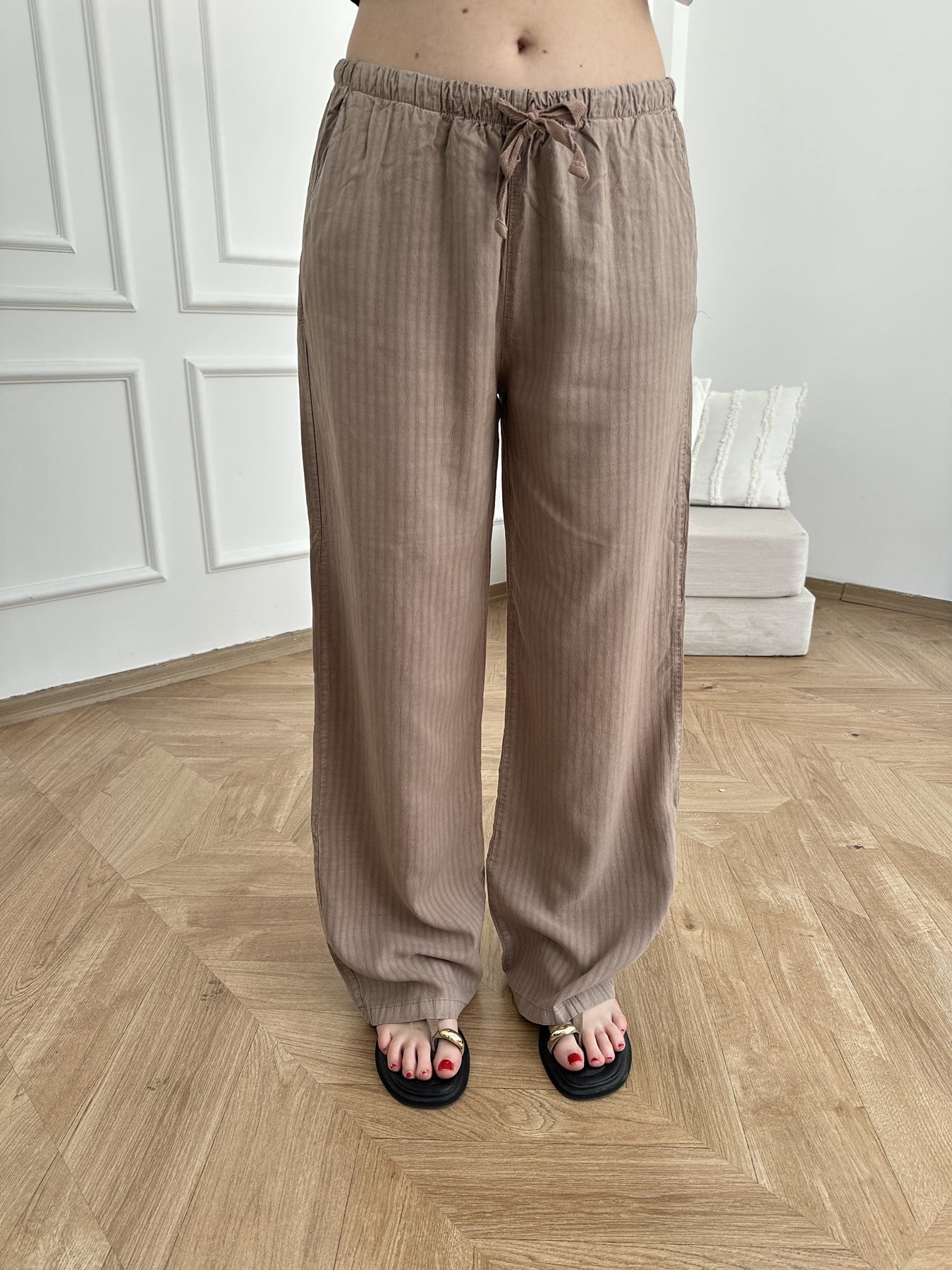 Kendinden Çizgili Tencel Pantolon Vizon