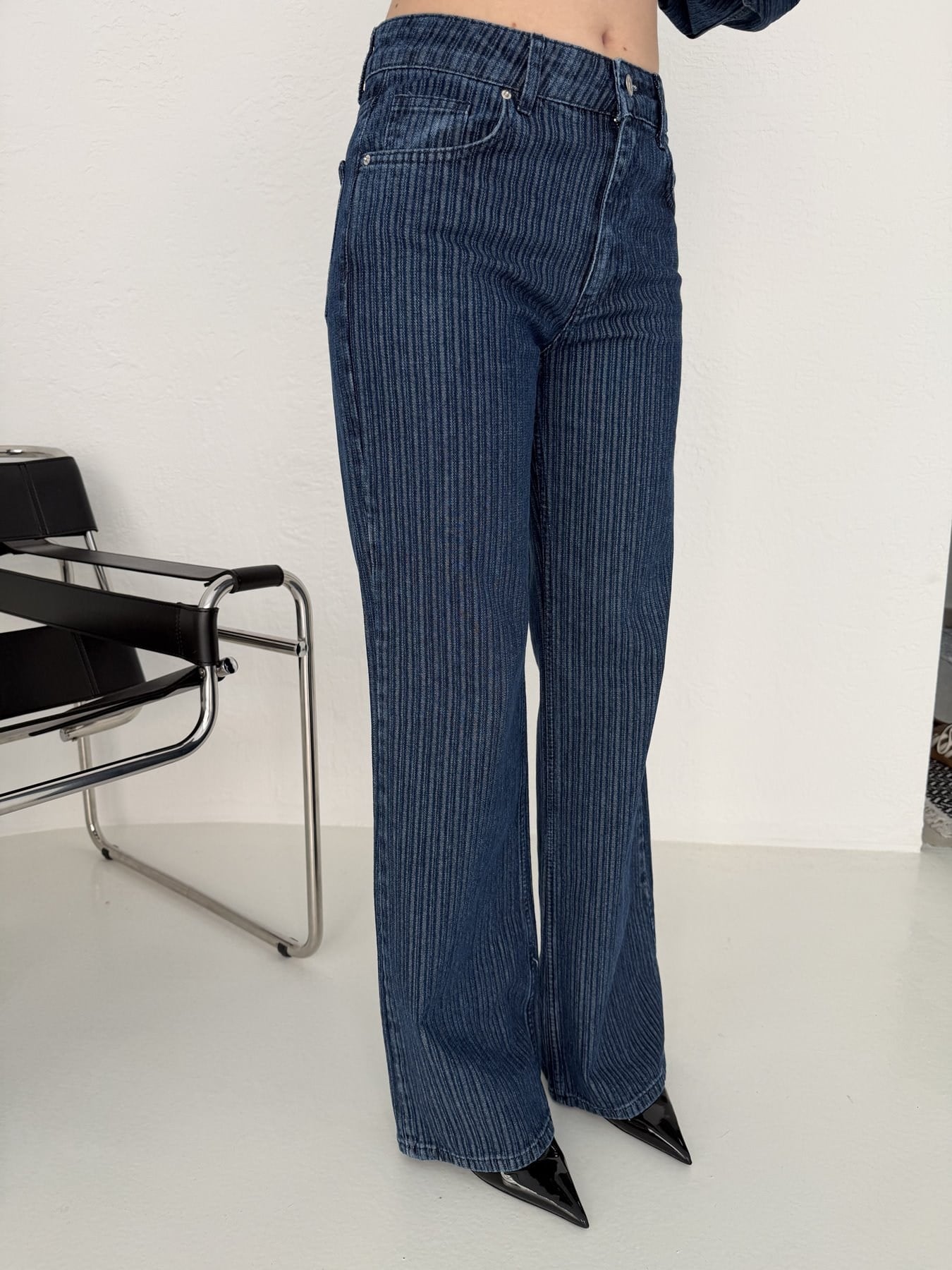 Kendinden Çizgili Wideleg Jean Pantolon Mavi