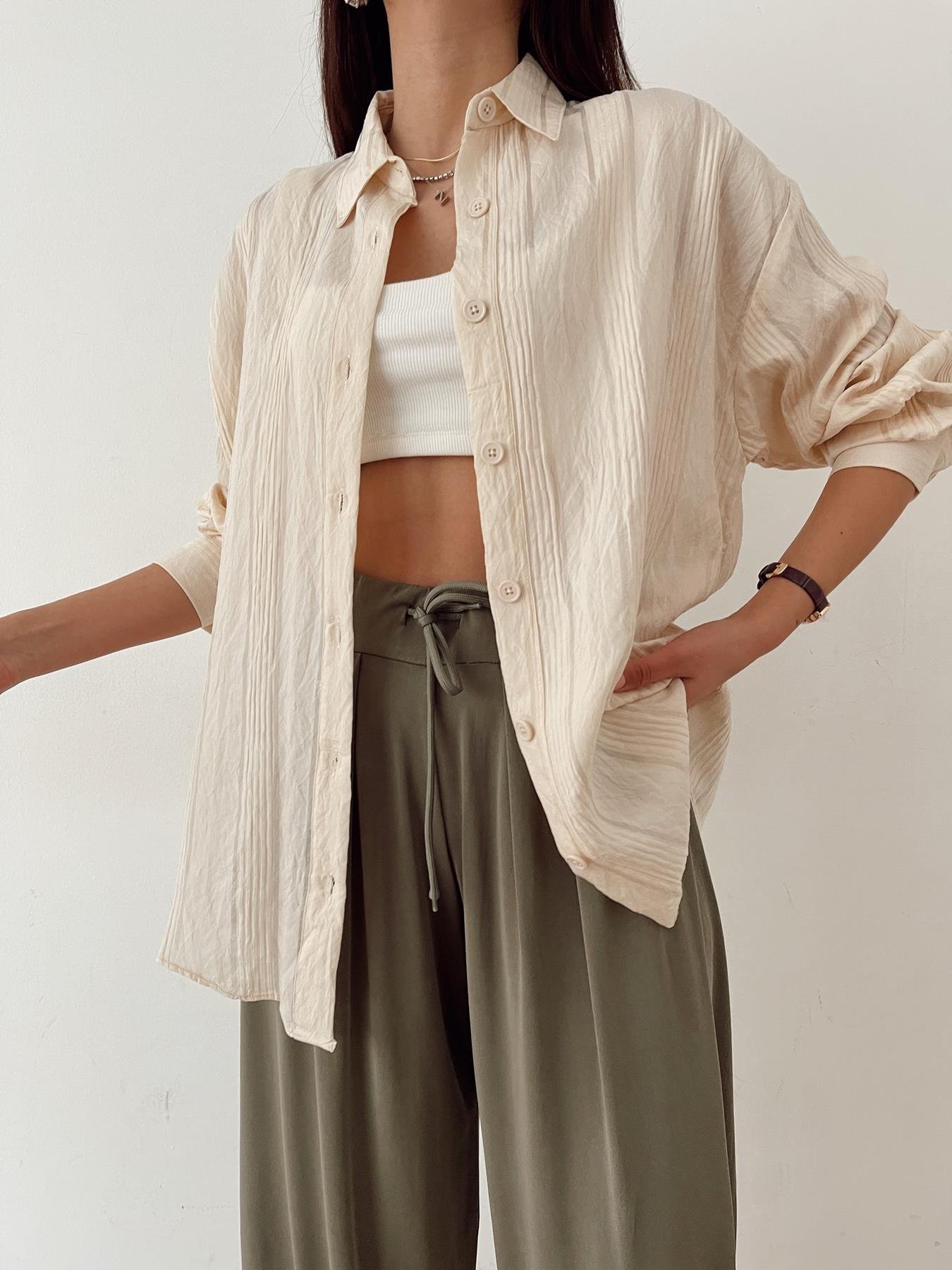 Kendinden Desenli Gömlek KREM