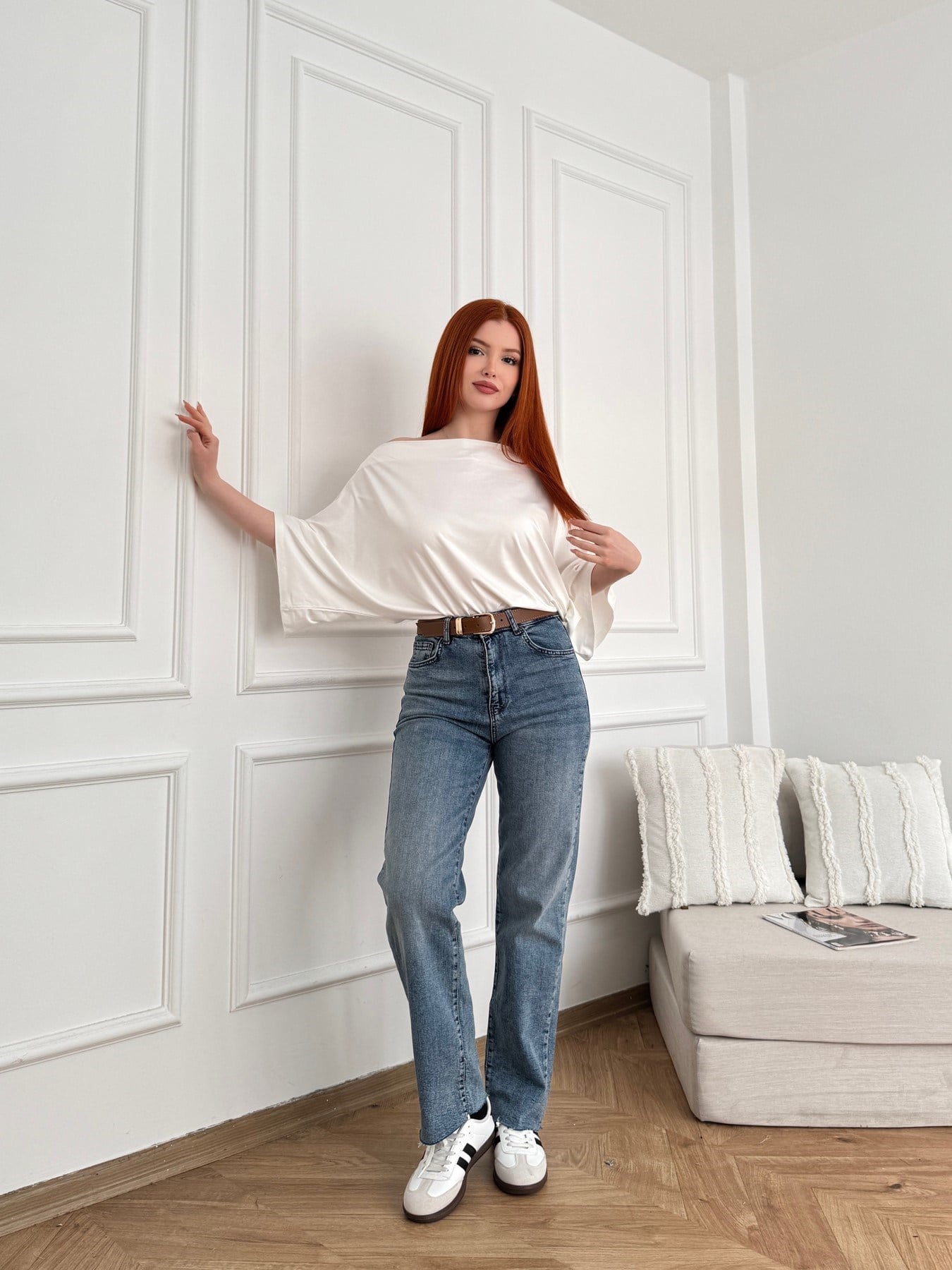 Kesik Paça Kemerli Straight Pantolon Koyu mavi