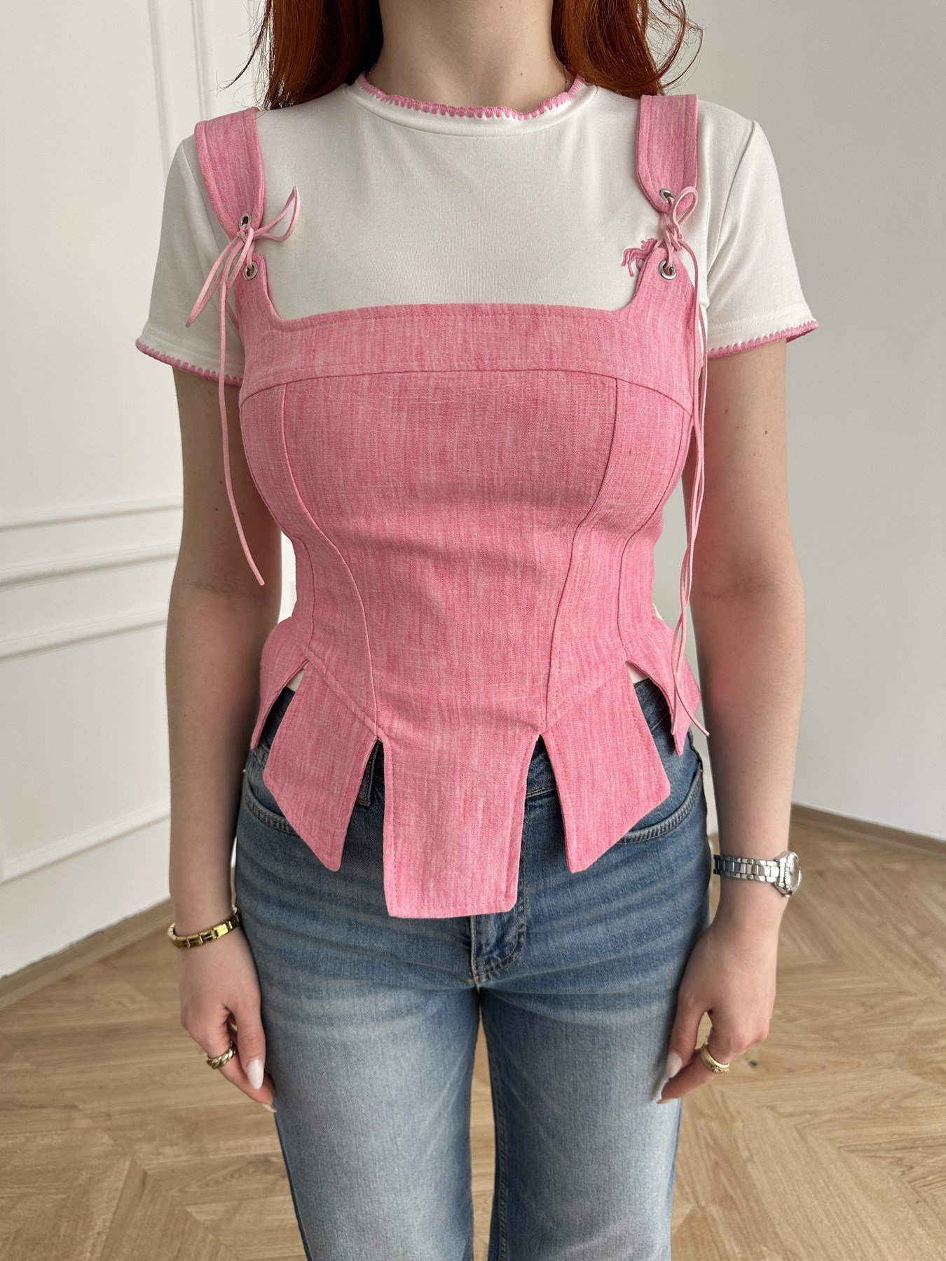 Keten Dokulu Sırtı Fermuarlı Korse Bluz Pembe