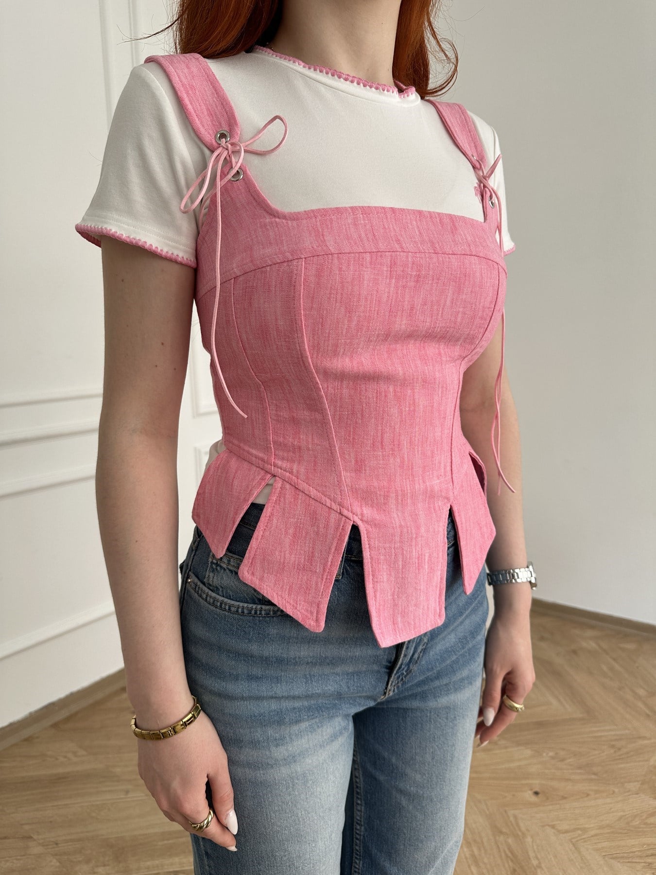 Keten Dokulu Sırtı Fermuarlı Korse Bluz Pembe