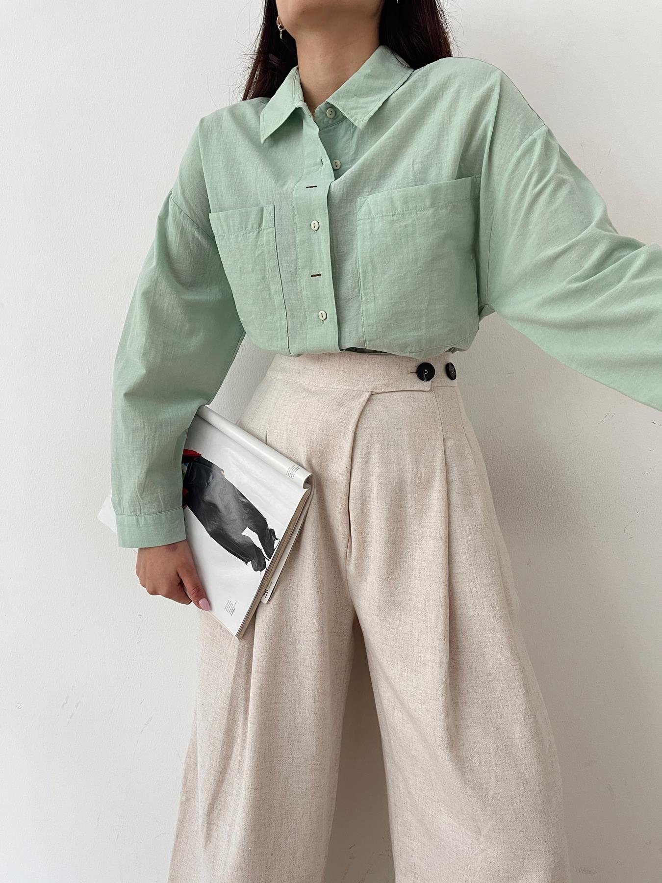 Keten Görünüm Çift Cep Gömlek MİNT