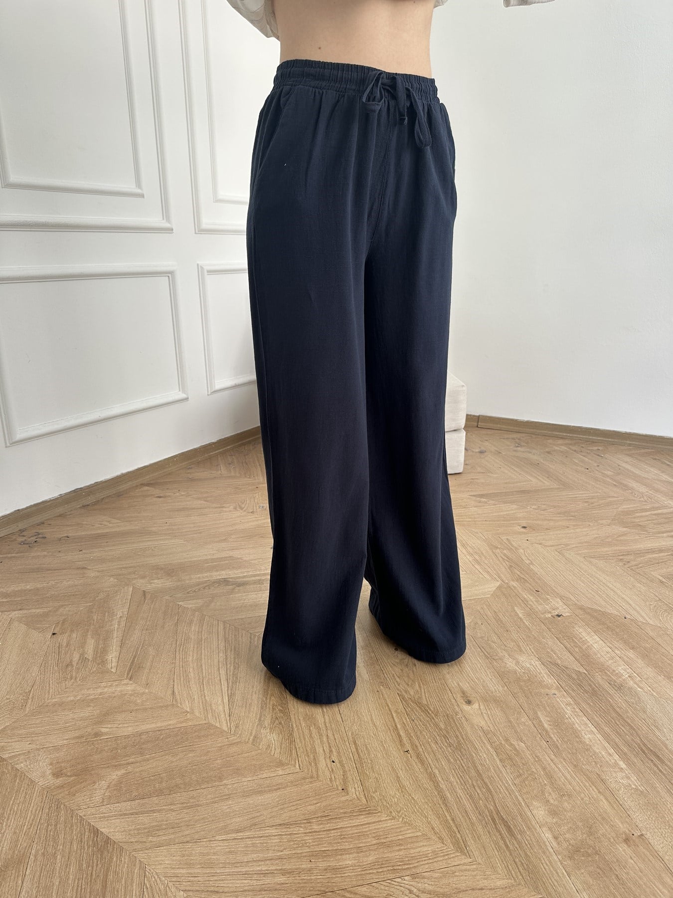 Keten Görünümlü Beli Lastikli Relax Pantolon Lacivert
