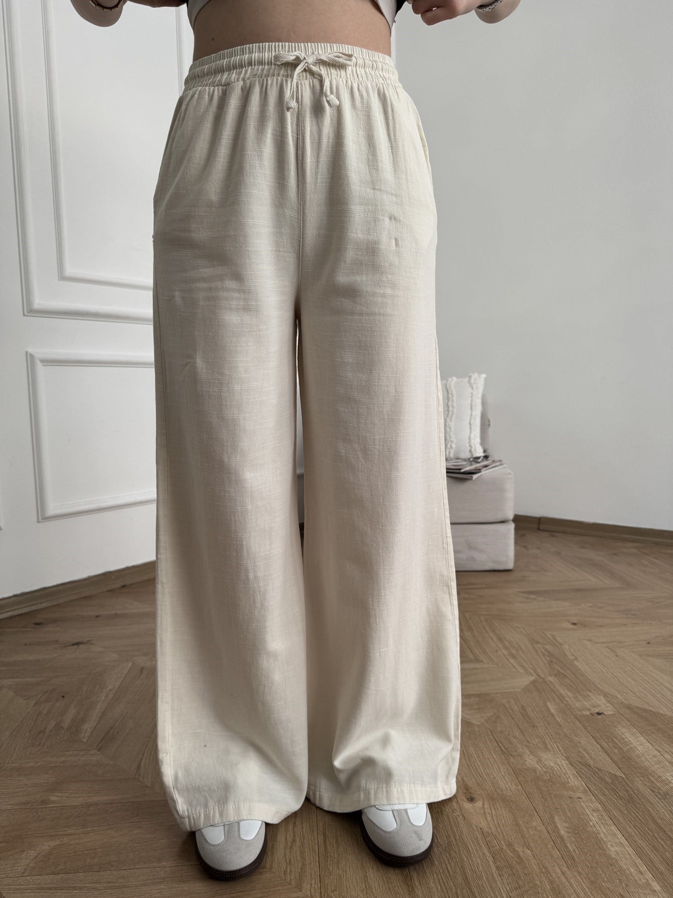 Keten Görünümlü Beli Lastikli Relax Pantolon Taş