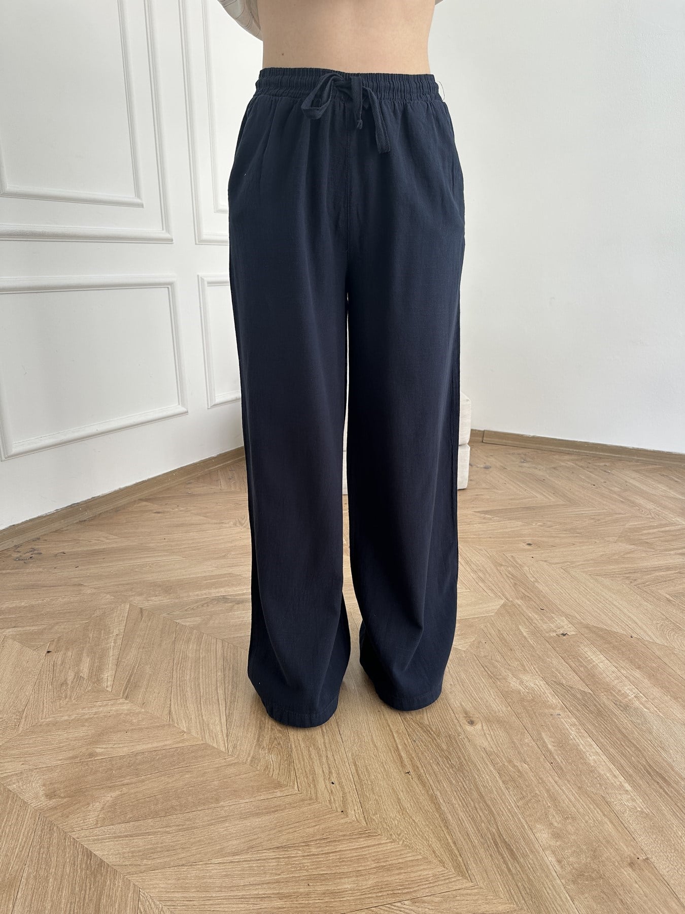 Keten Görünümlü Beli Lastikli Relax Pantolon Lacivert