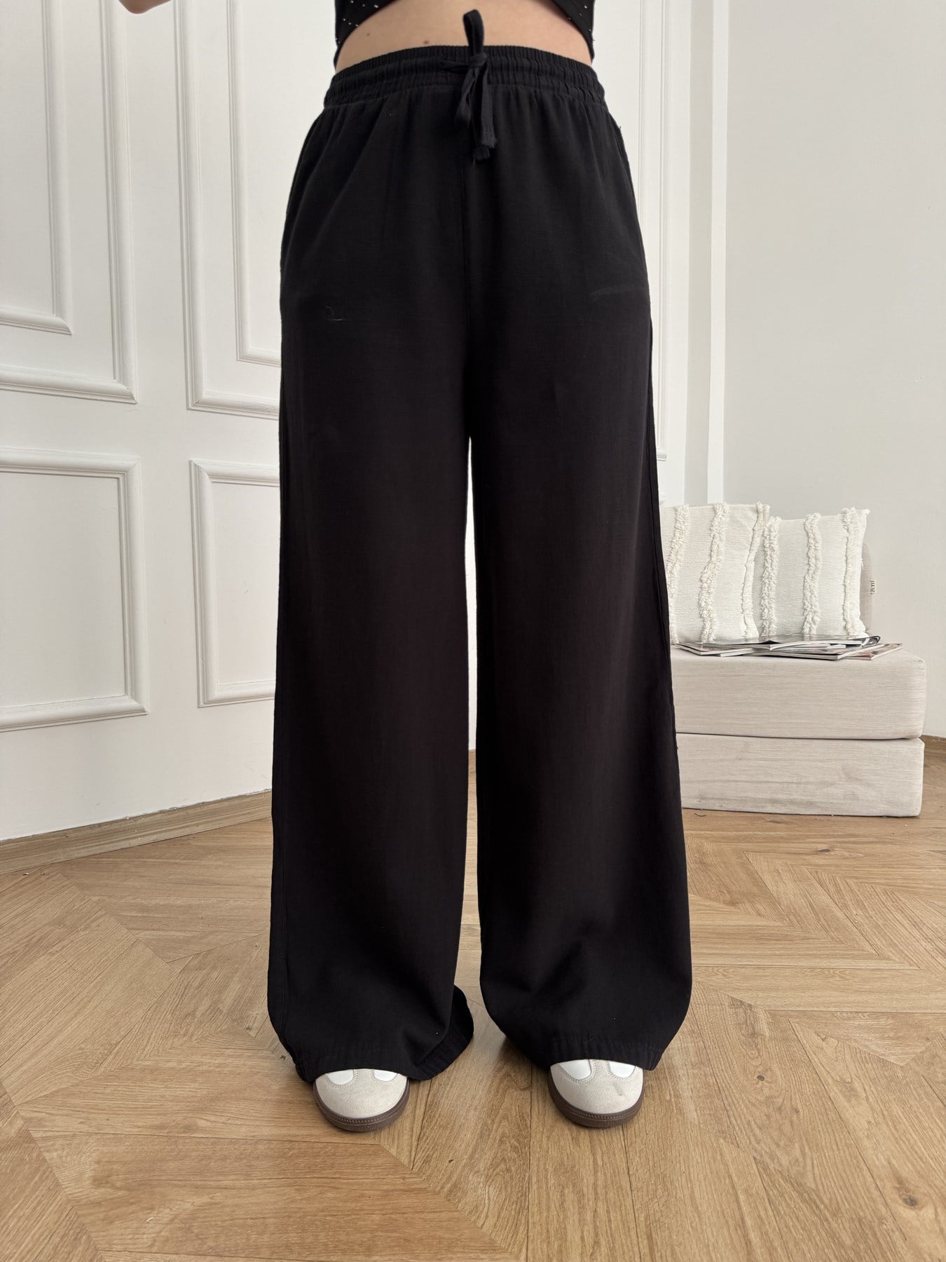 Keten Görünümlü Beli Lastikli Relax Pantolon Siyah