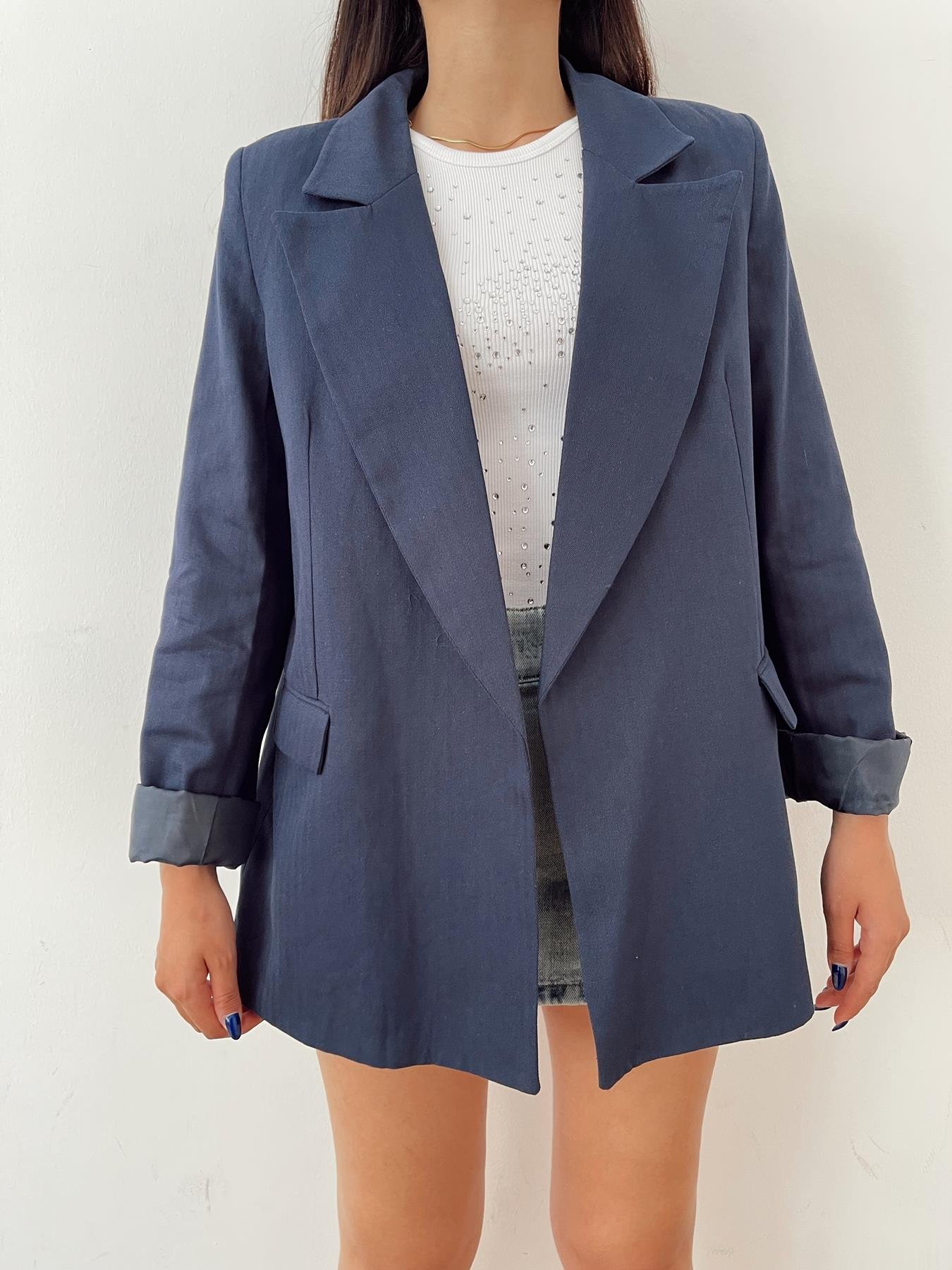 Keten Görünümlü Blazer Ceket Lacivert