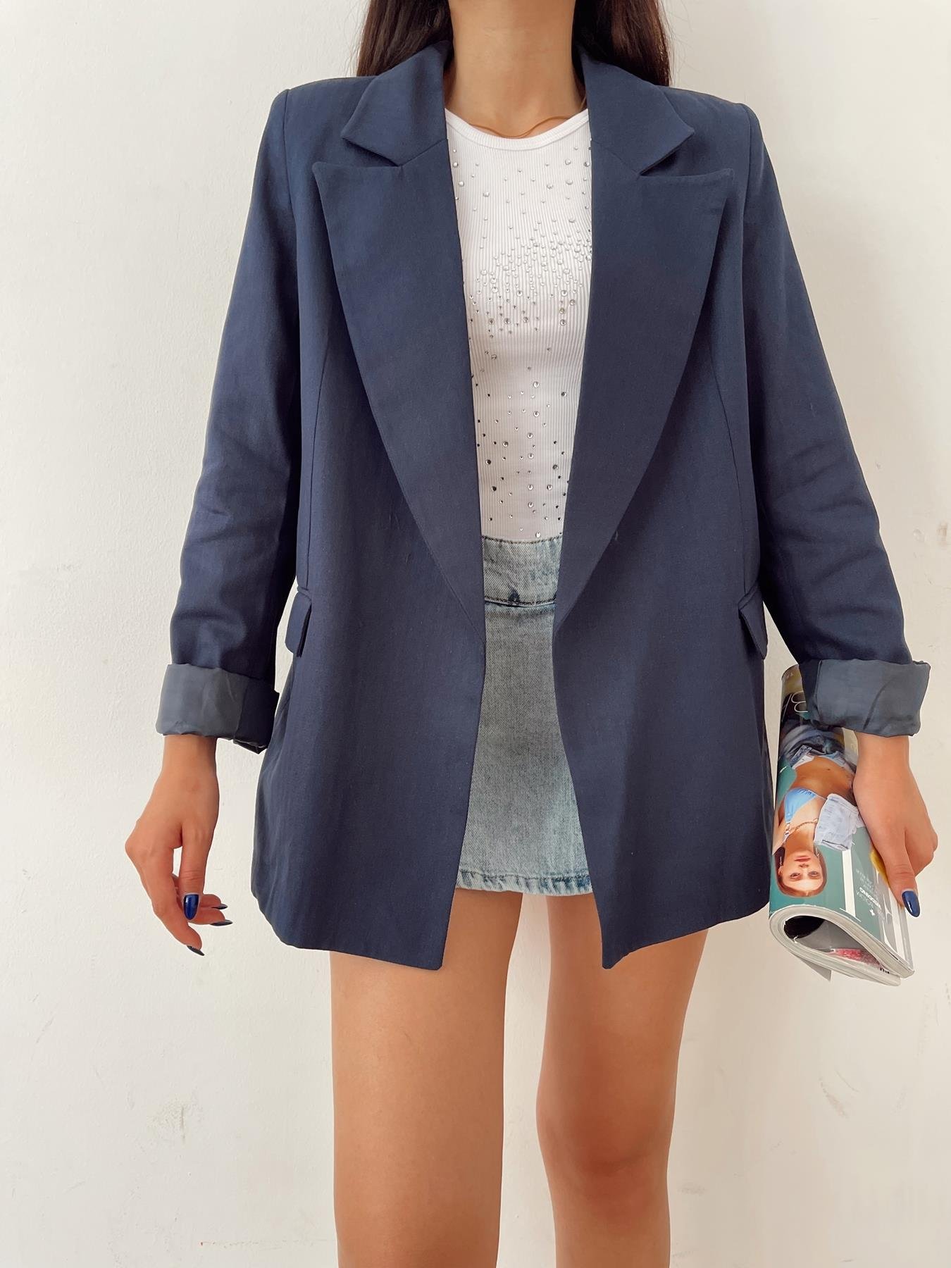 Keten Görünümlü Blazer Ceket Lacivert