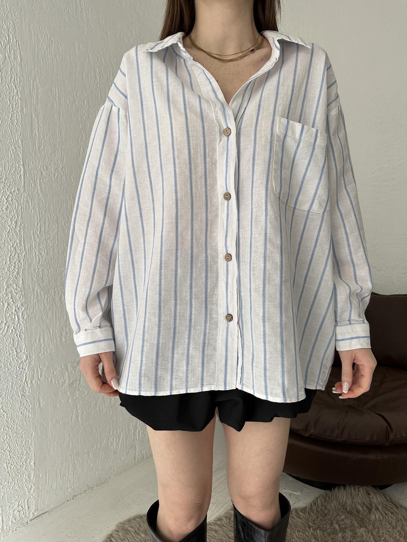 Keten Görünümlü Çizgili Gömlek MAVİ ÇİZGİLİ