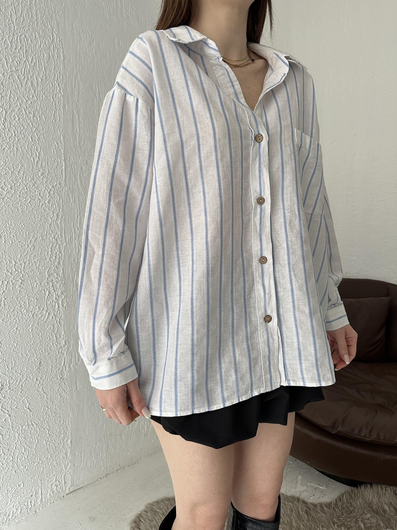 Keten Görünümlü Çizgili Gömlek MAVİ ÇİZGİLİ