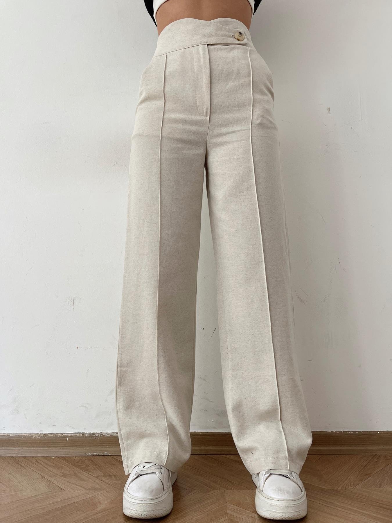Keten Görünümlü Dikişli Palazzo Pantolon Naturel