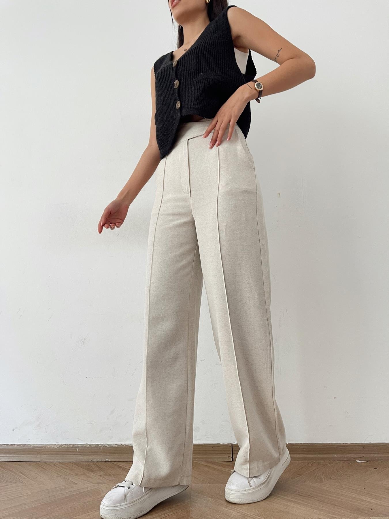 Keten Görünümlü Dikişli Palazzo Pantolon Naturel