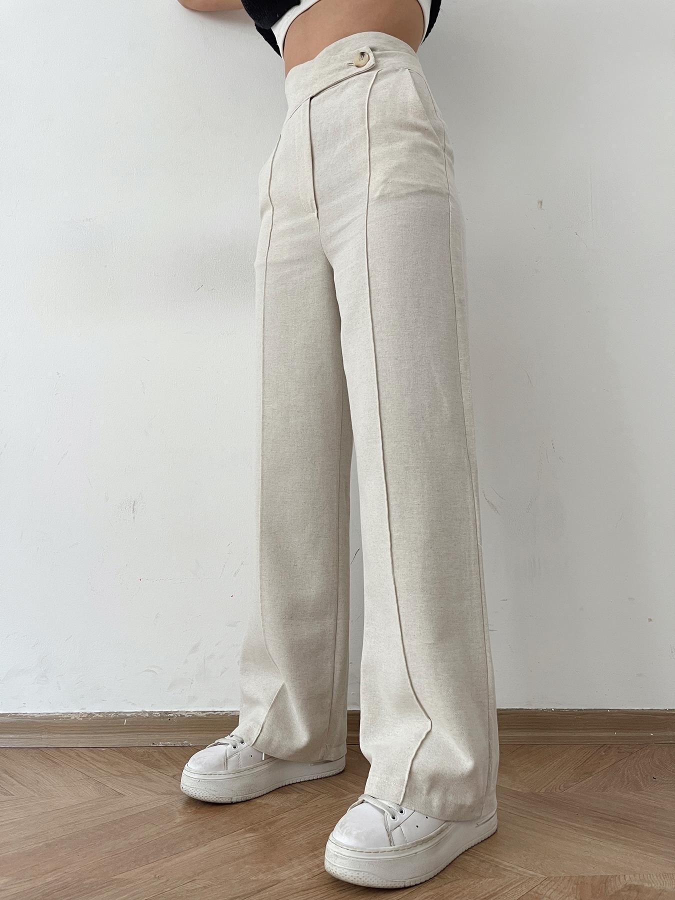 Keten Görünümlü Dikişli Palazzo Pantolon Naturel