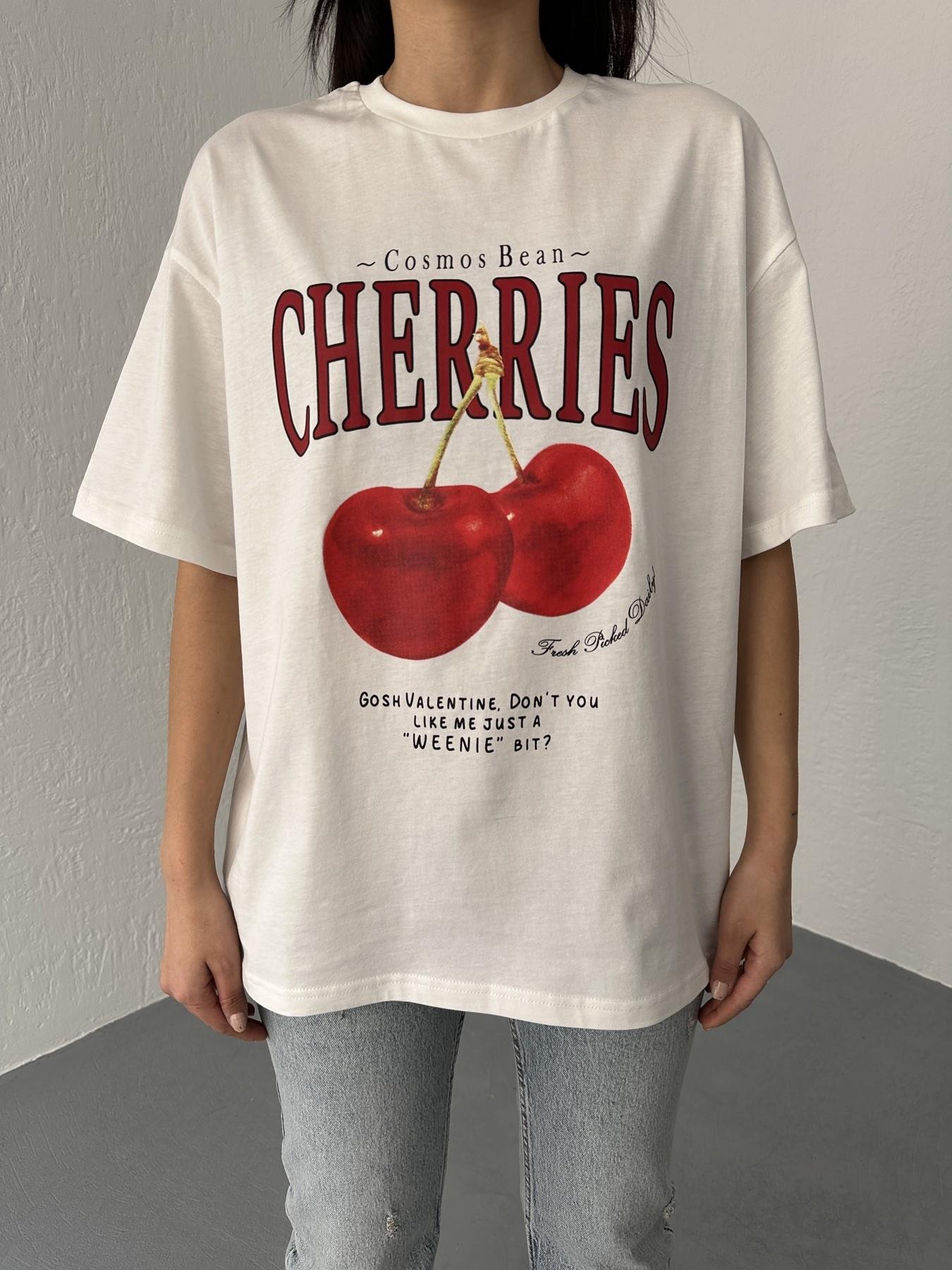 Kiraz Baskılı Tişört Ekru