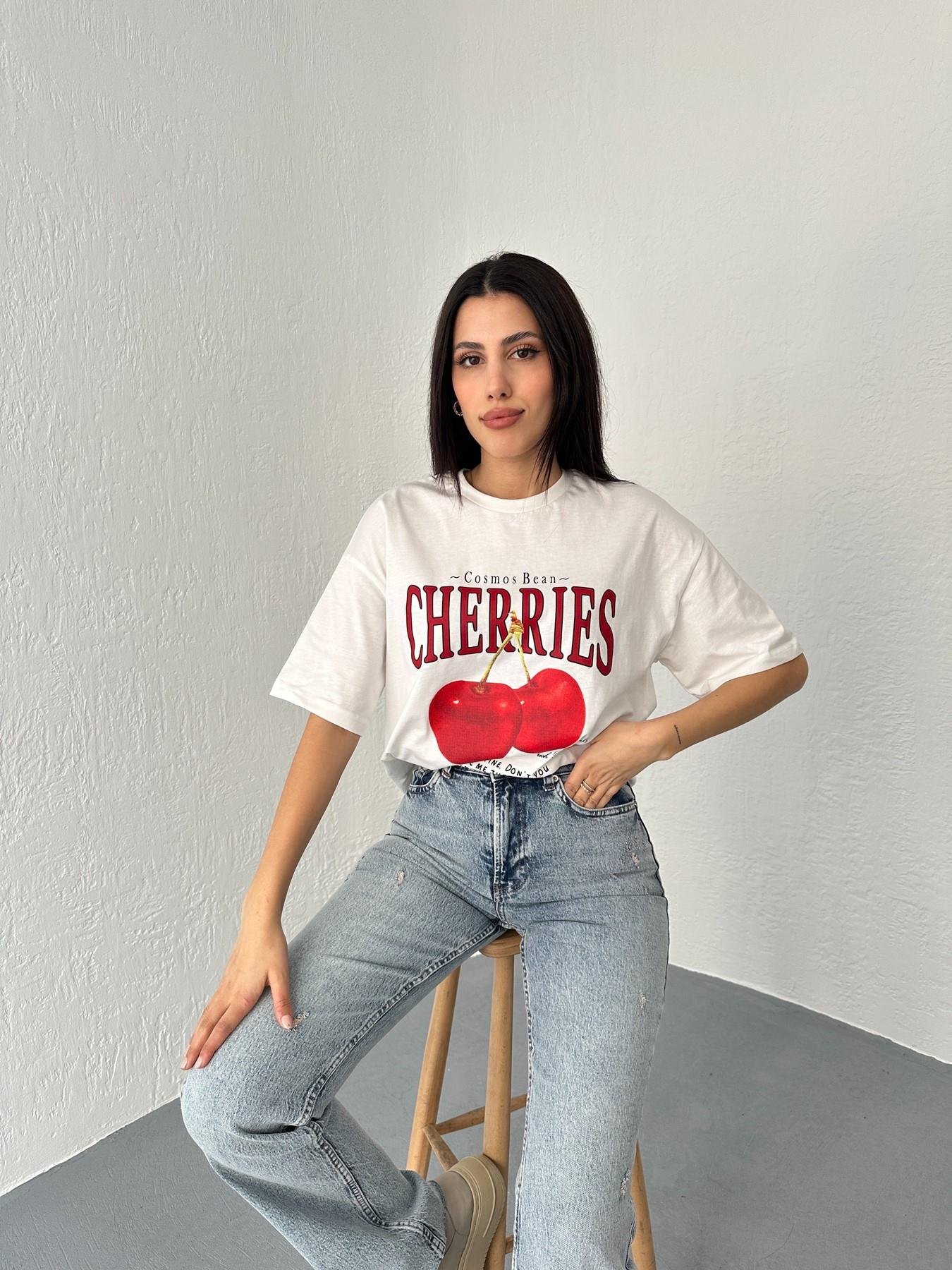 Kiraz Baskılı Tişört Ekru