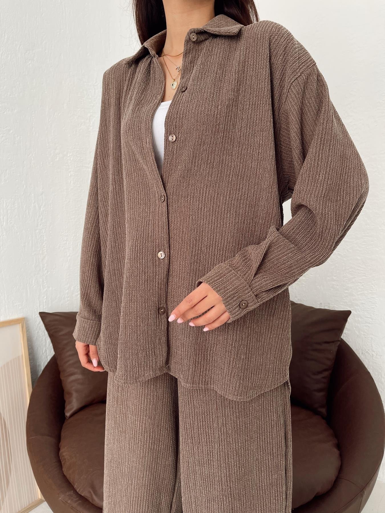 Kırçıllı Oversize Gömlek KAHVE