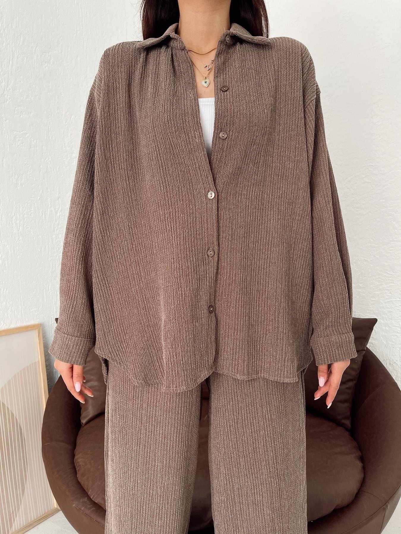Kırçıllı Oversize Gömlek KAHVE