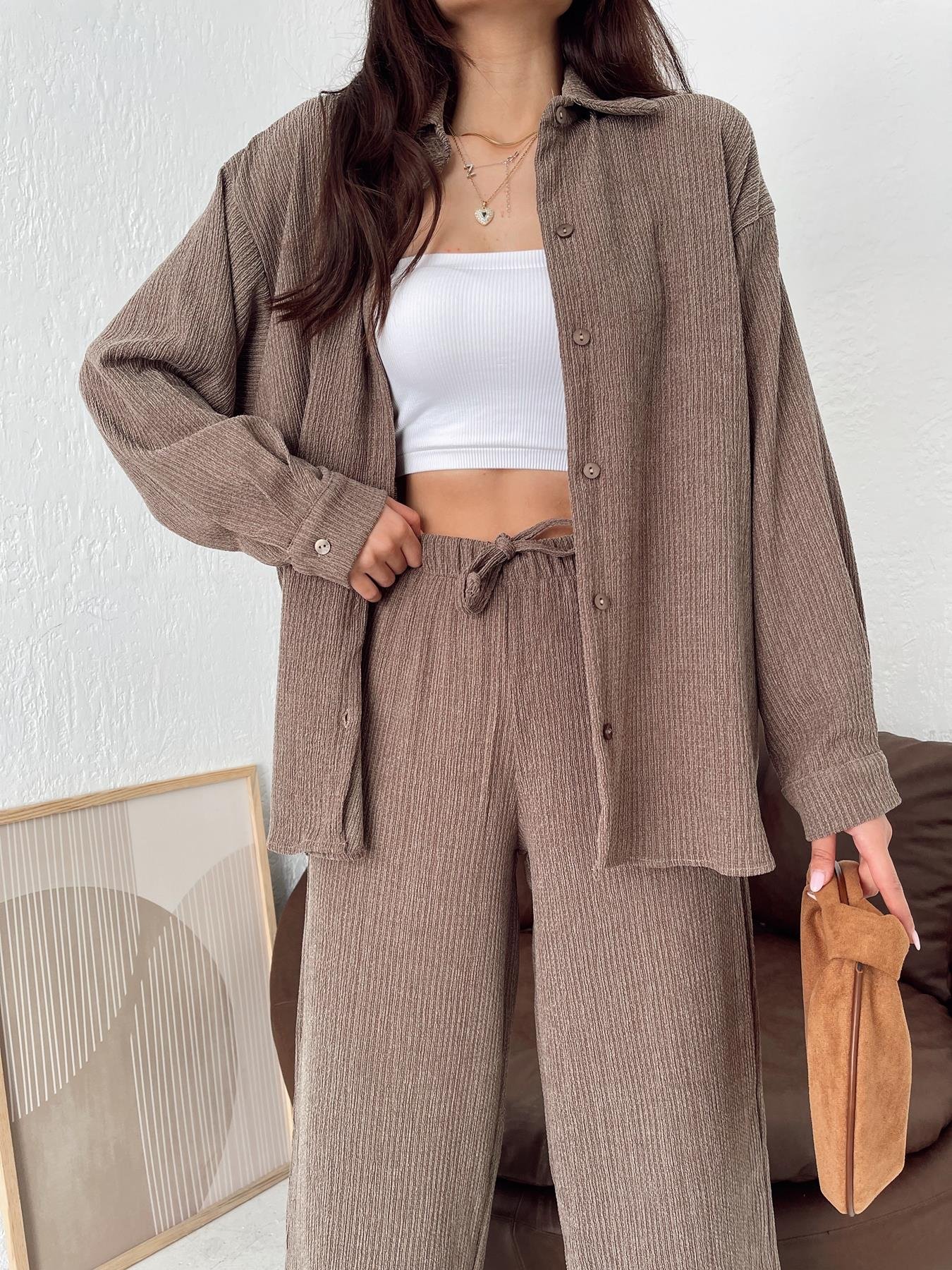 Kırçıllı Oversize Gömlek KAHVE