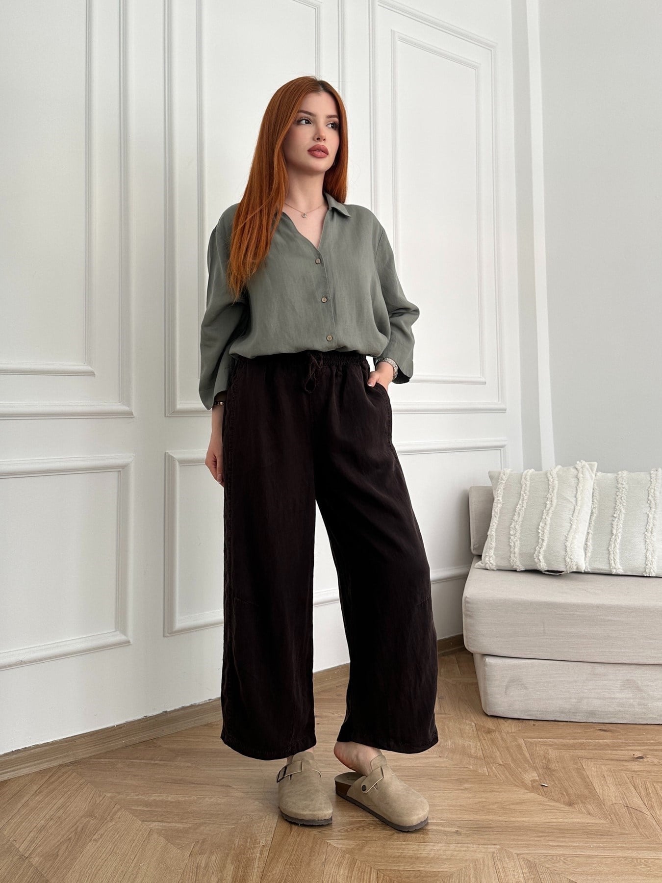 Kısa Bol Paça Tencel Pantolon Acı kahve