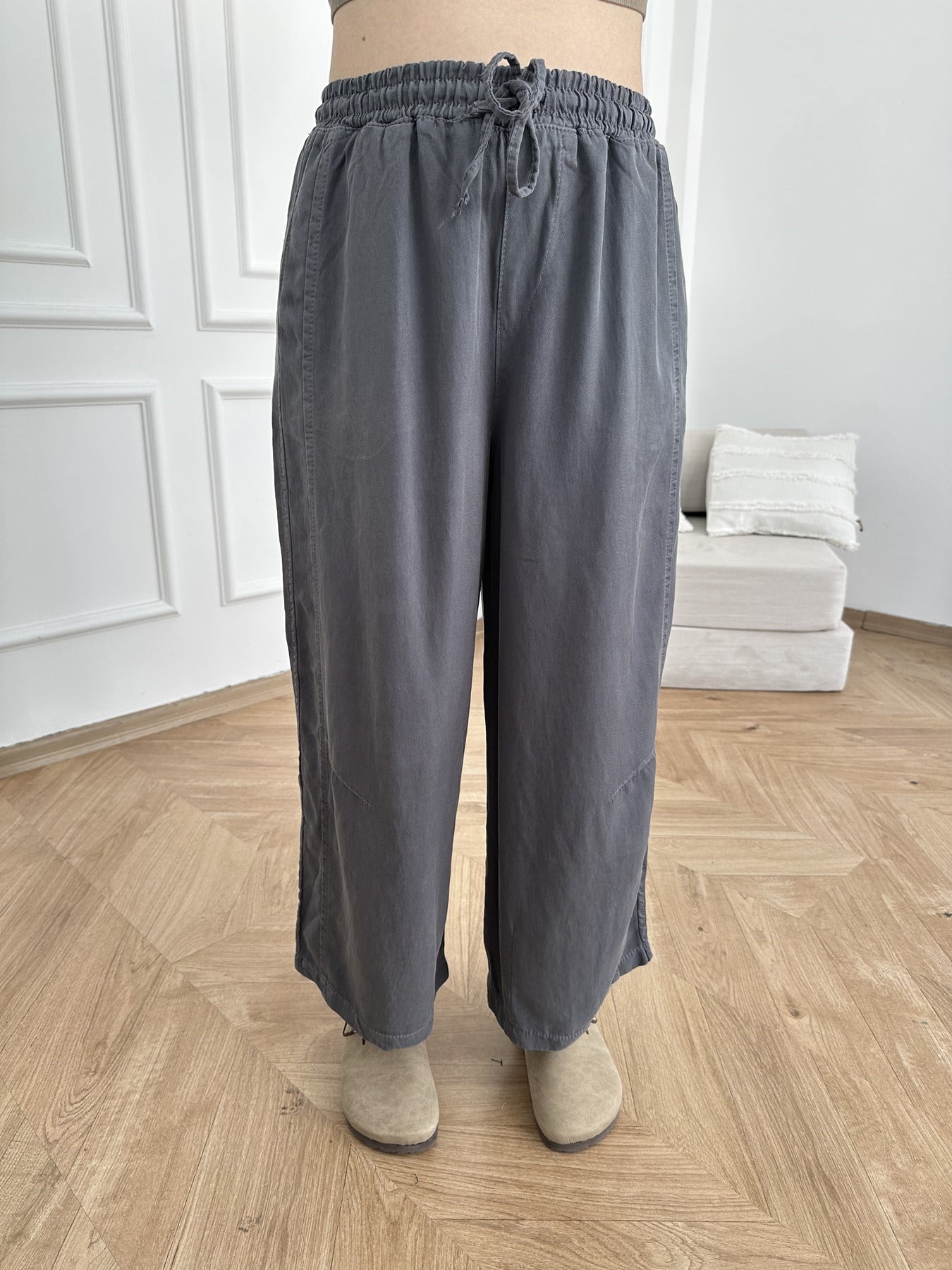 Kısa Bol Paça Tencel Pantolon Antrasit
