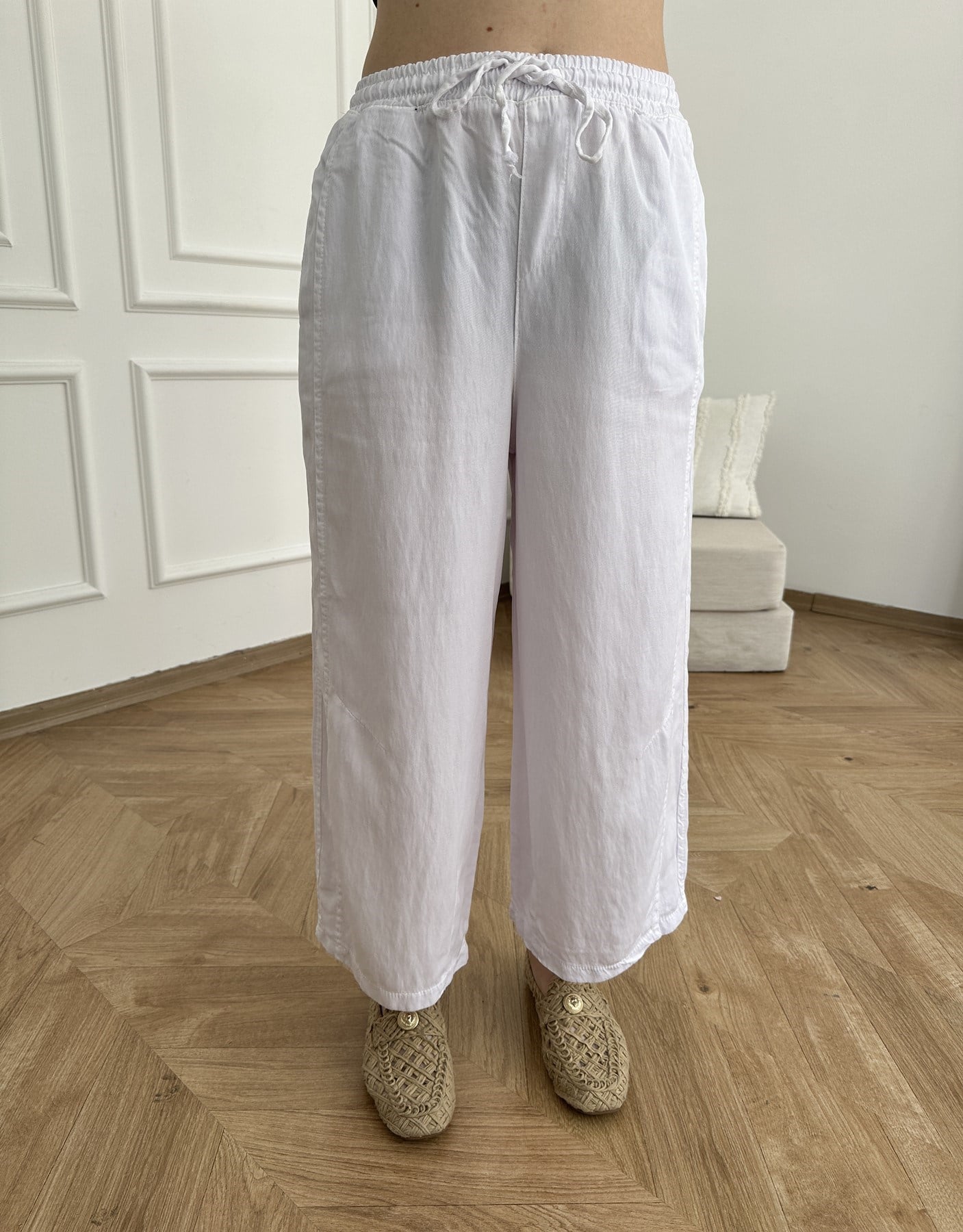 Kısa Bol Paça Tencel Pantolon Beyaz