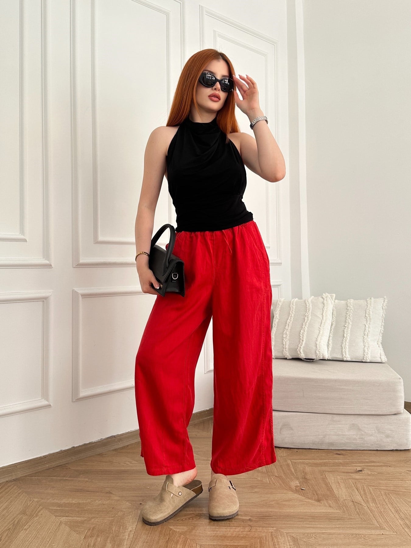 Kısa Bol Paça Tencel Pantolon Kırmızı