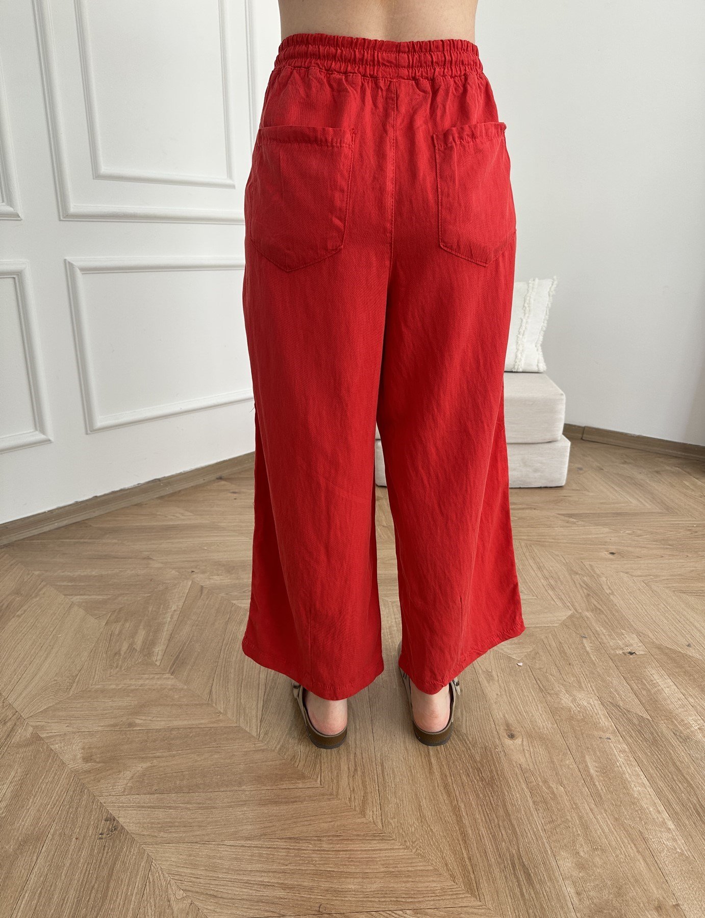 Kısa Bol Paça Tencel Pantolon Kırmızı