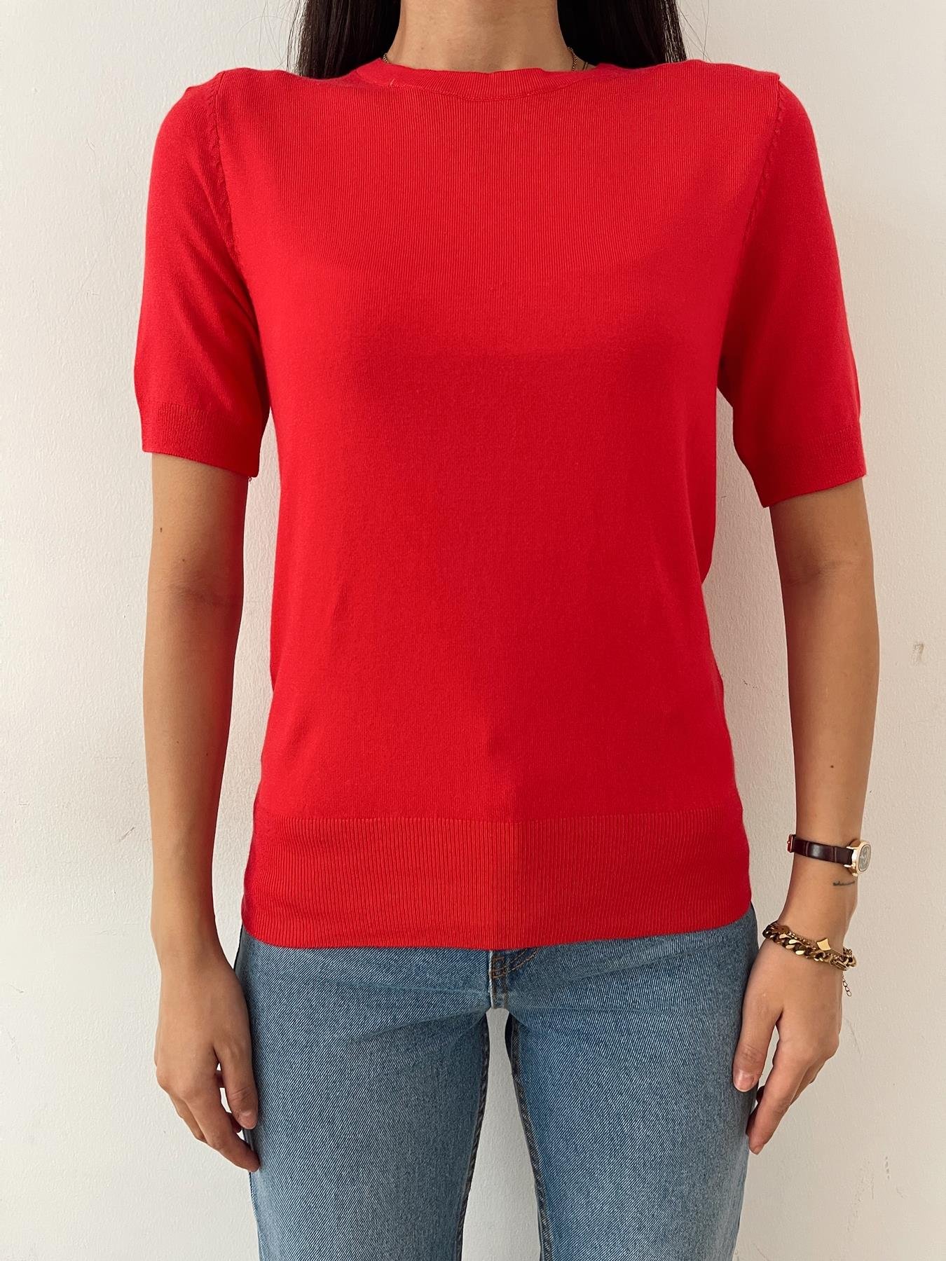 Kısa Kol Arkası Düğmeli Triko KIRMIZI