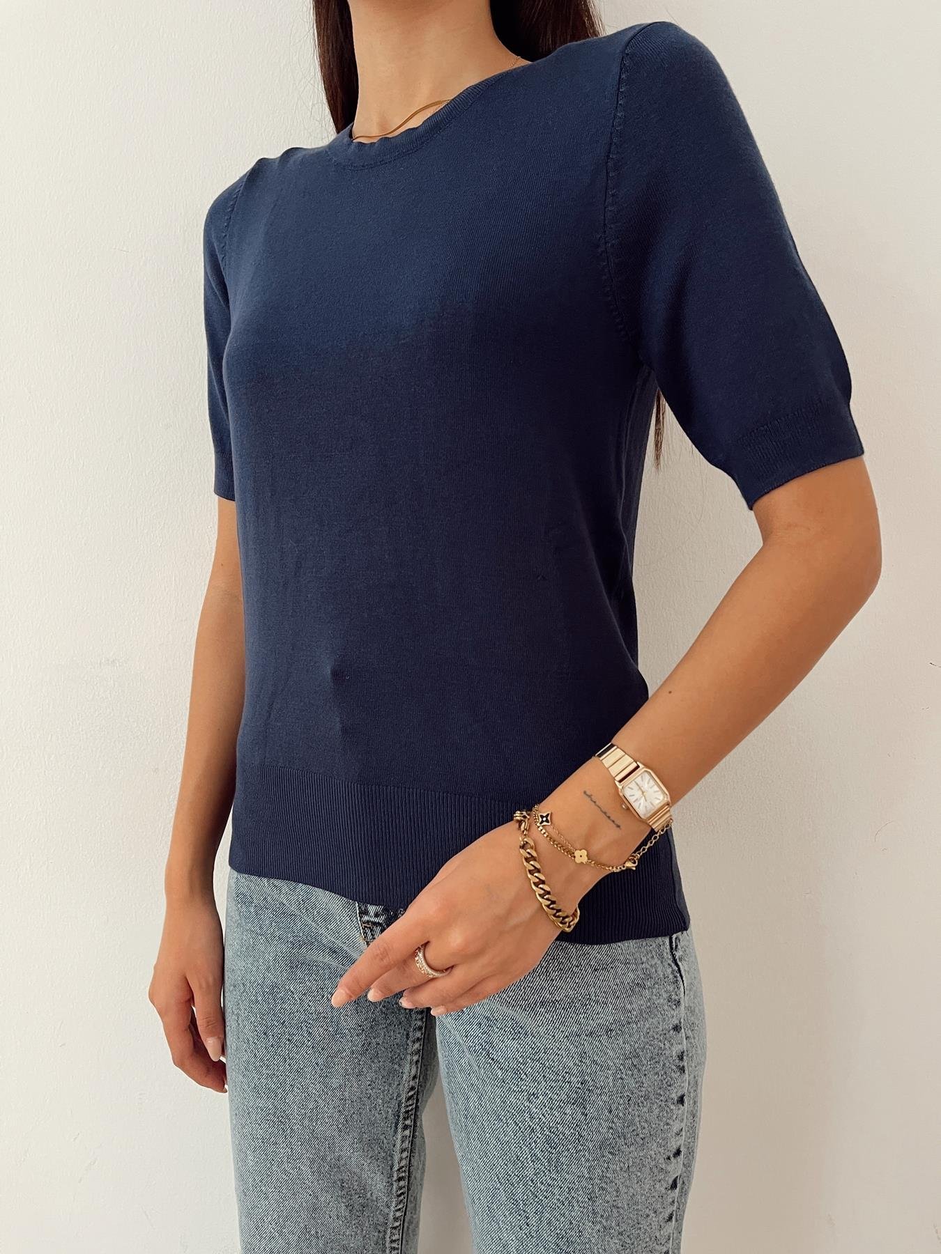 Kısa Kol Arkası Düğmeli Triko LACİVERT
