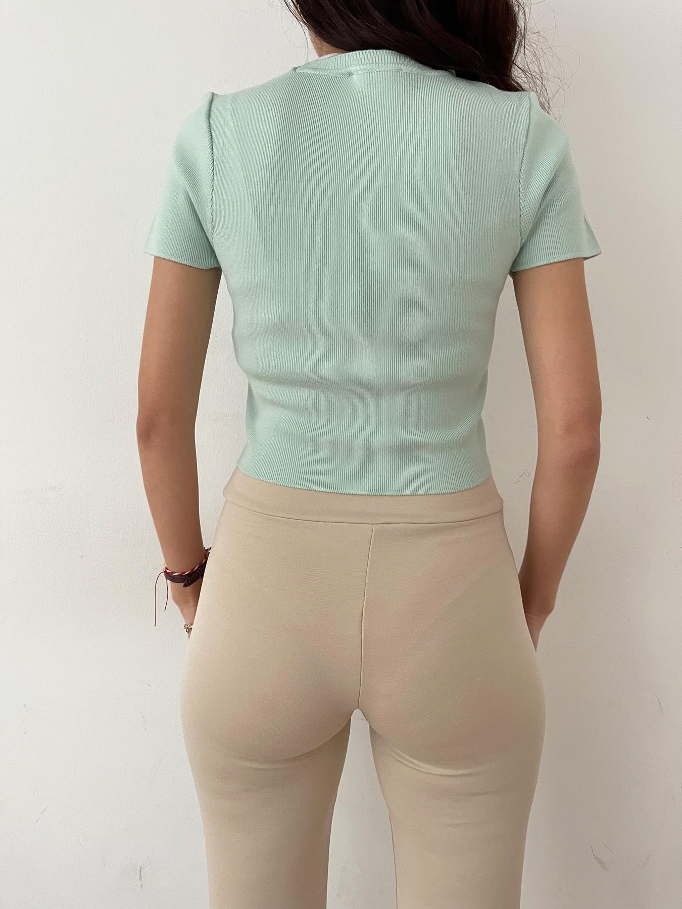 Kısa Kol Crop Triko MİNT