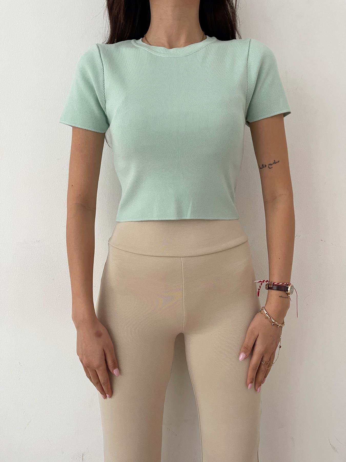 Kısa Kol Crop Triko MİNT