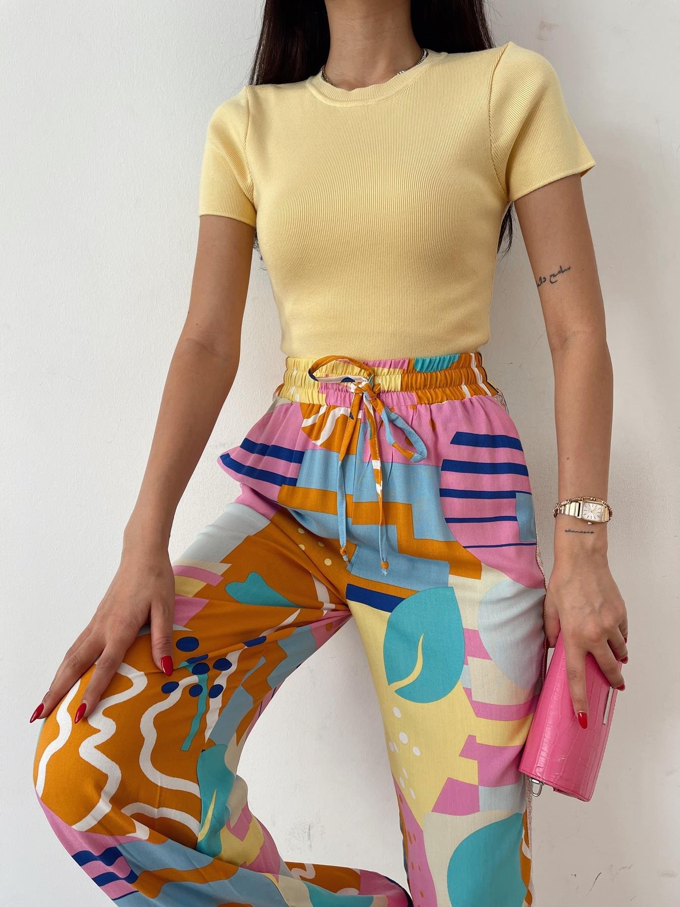 Kısa Kol Crop Triko SARI