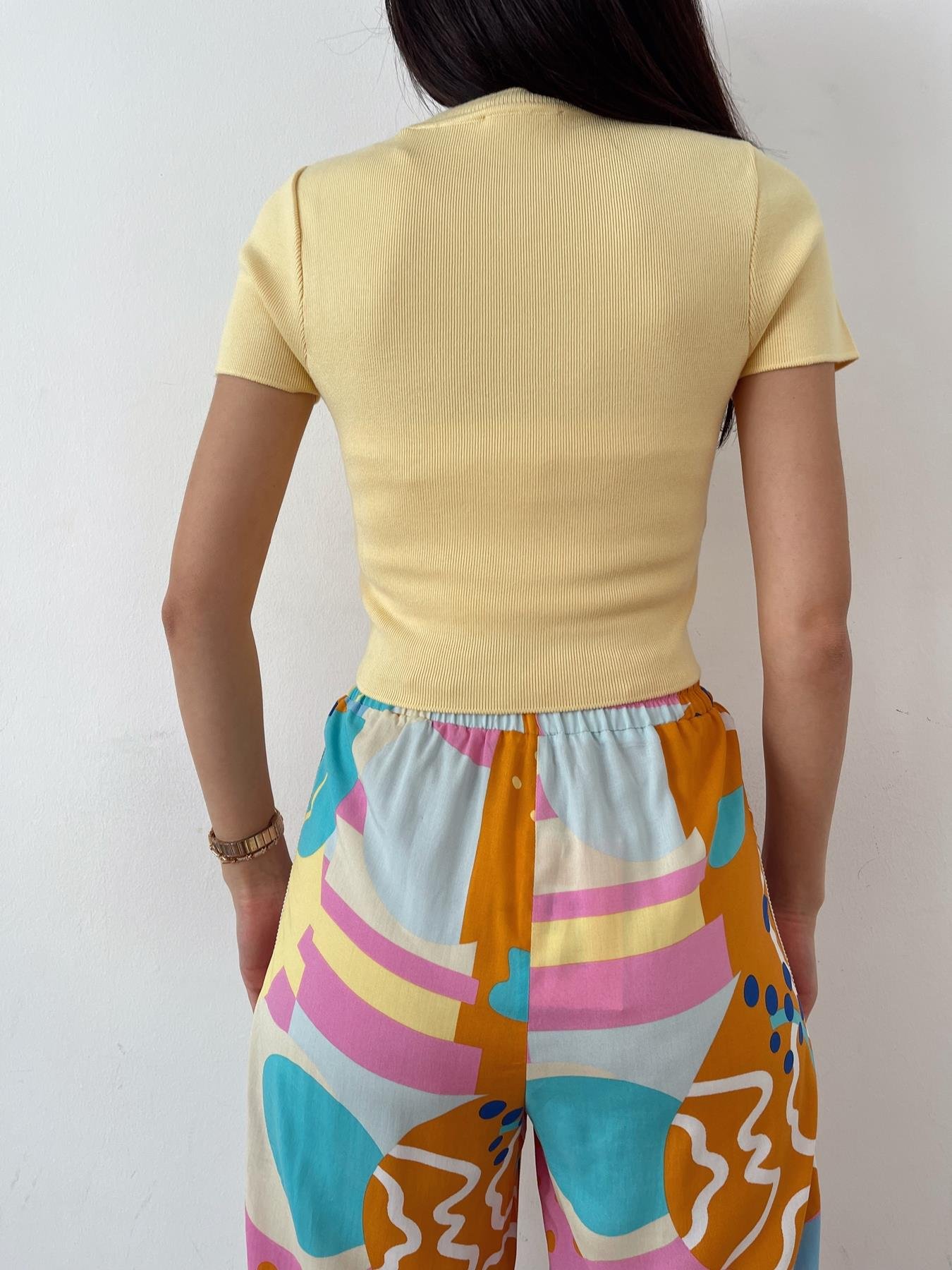 Kısa Kol Crop Triko SARI