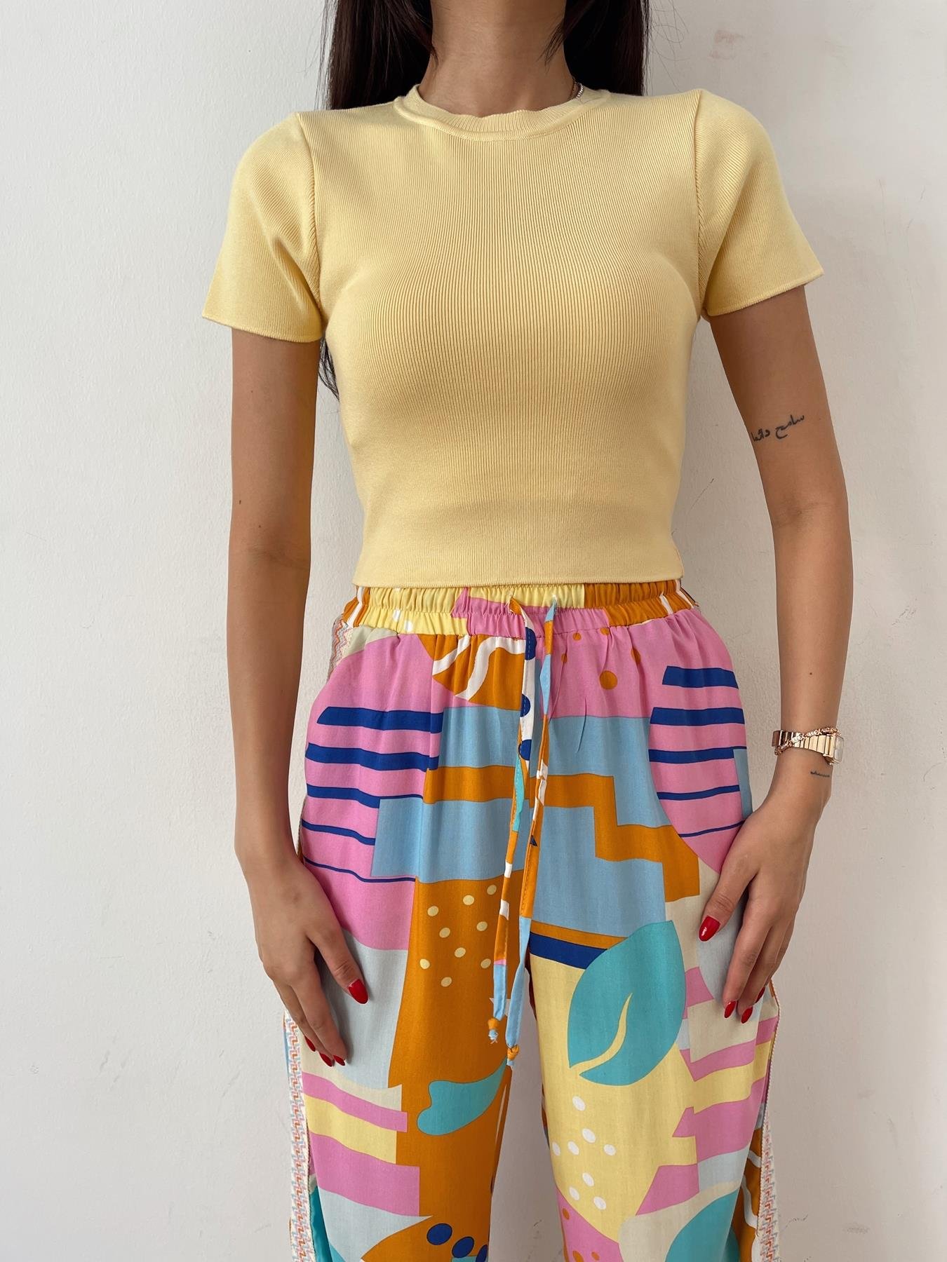 Kısa Kol Crop Triko SARI