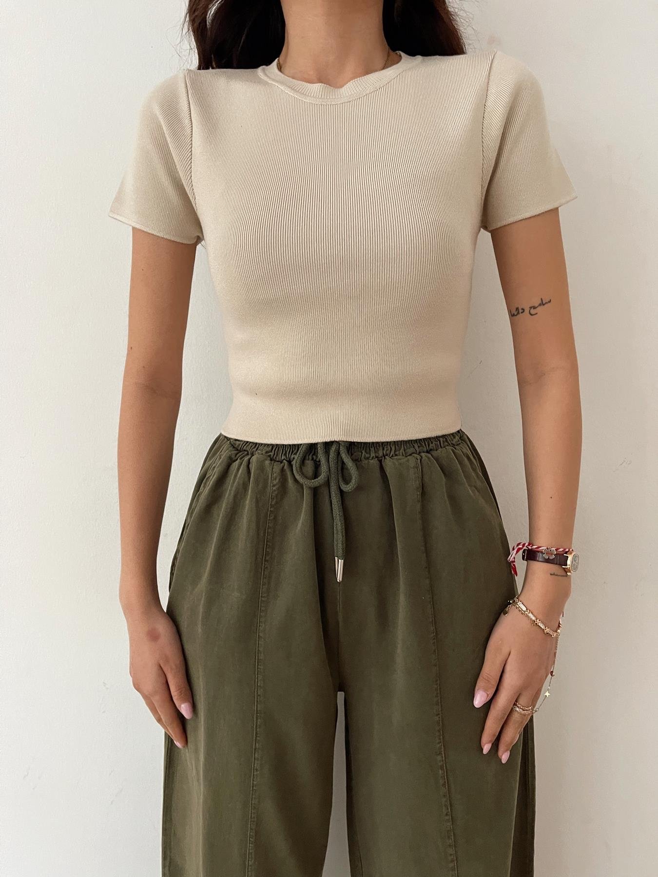 Kısa Kol Crop Triko TAŞ