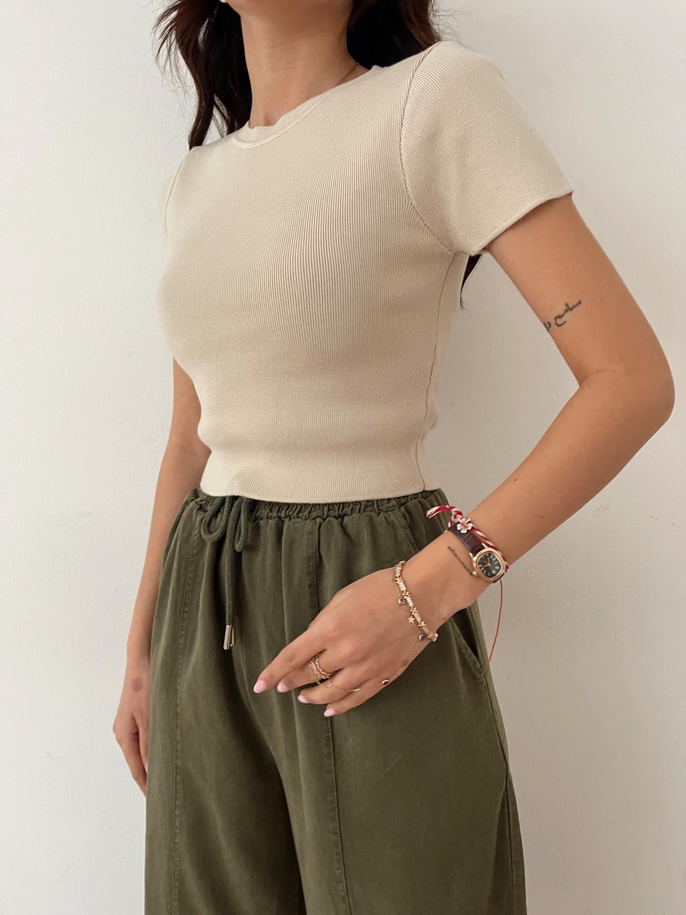 Kısa Kol Crop Triko TAŞ