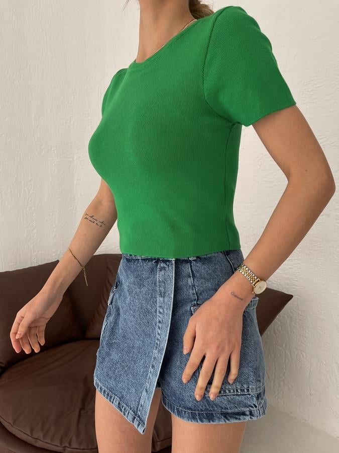 Kısa Kol Crop Triko YEŞİL