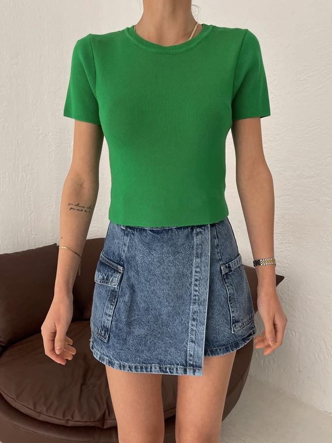Kısa Kol Crop Triko YEŞİL