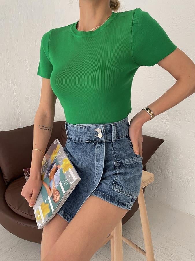 Kısa Kol Crop Triko YEŞİL