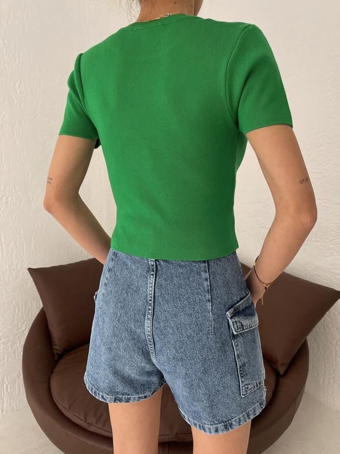 Kısa Kol Crop Triko YEŞİL