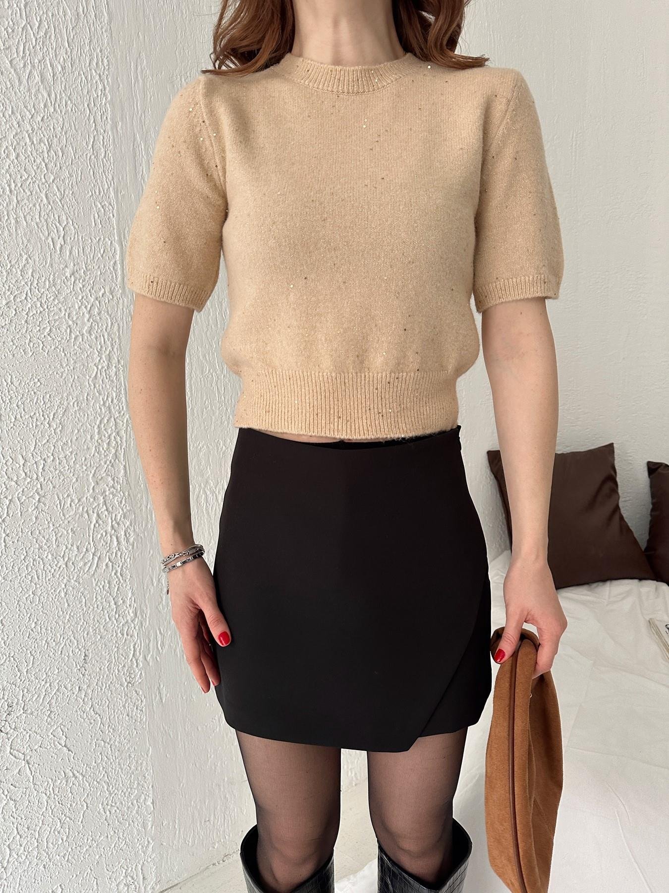 Kısa Kol Pullu Simli Triko BEJ