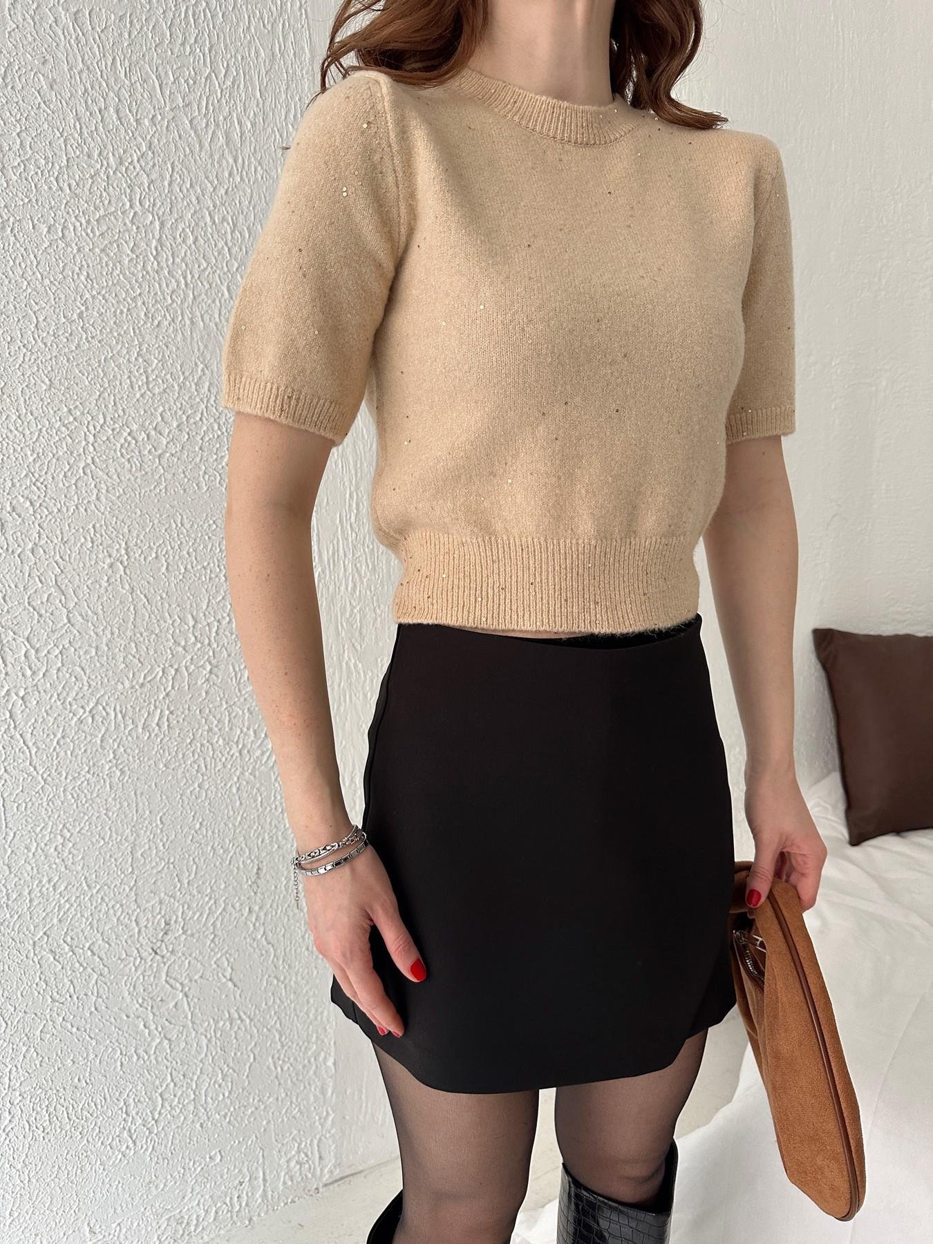 Kısa Kol Pullu Simli Triko BEJ