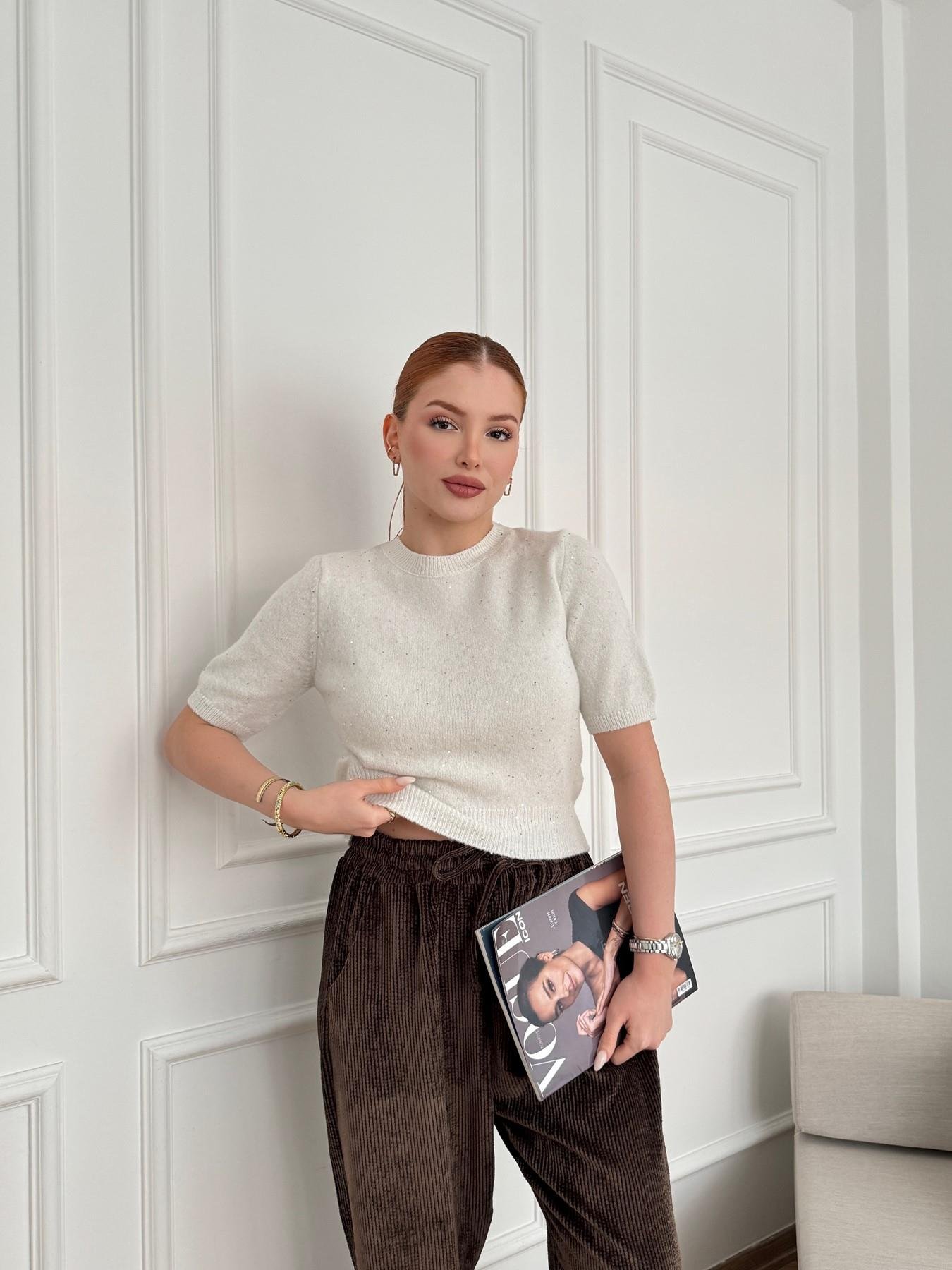 Kısa Kol Pullu Simli Triko Ekru