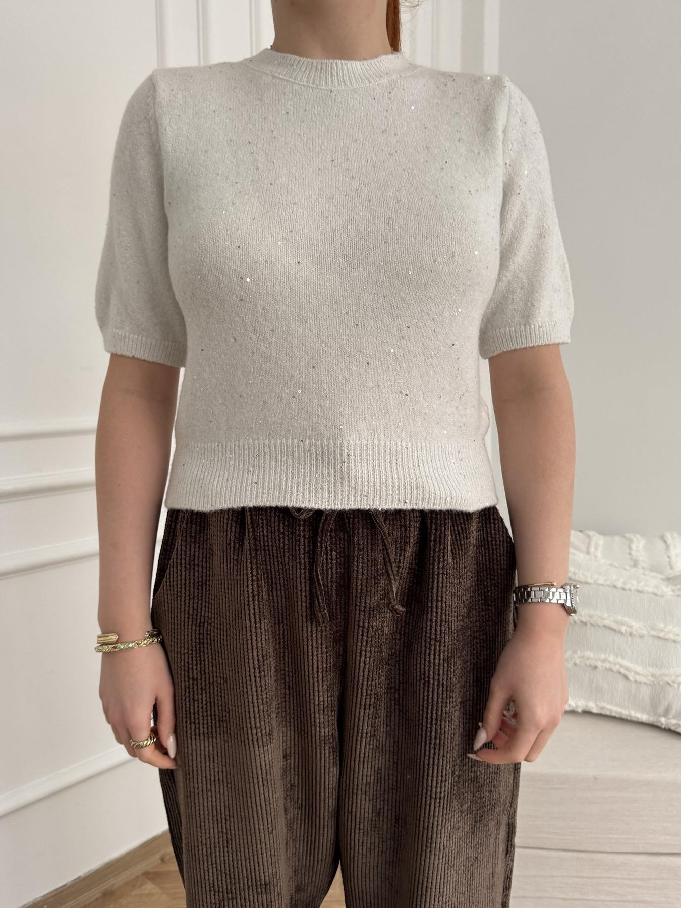 Kısa Kol Pullu Simli Triko Ekru