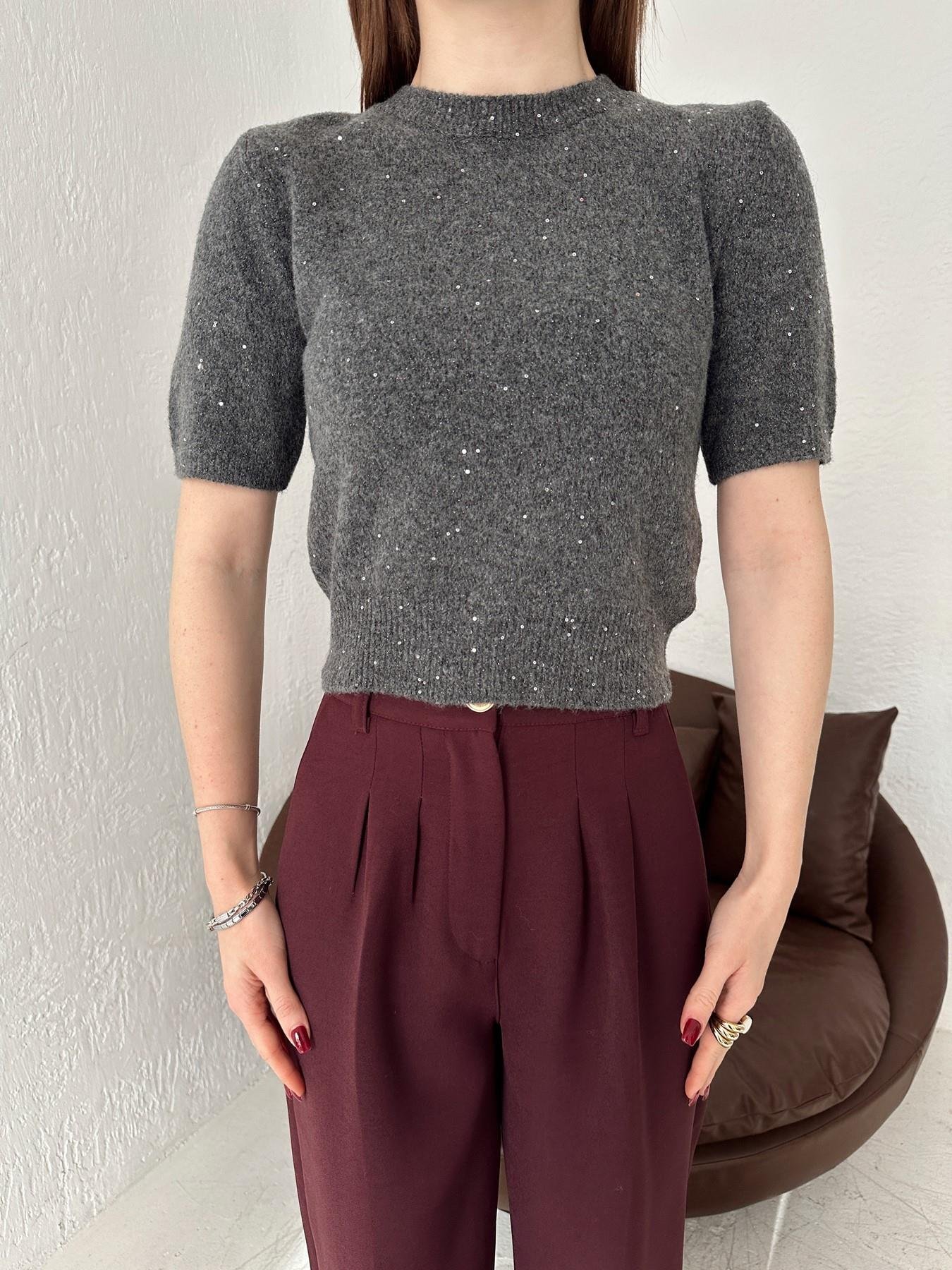 Kısa Kol Pullu Simli Triko FÜME