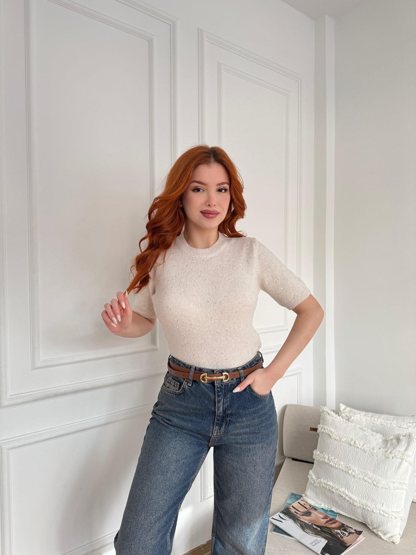 Kısa Kol Pullu Simli Triko Krem