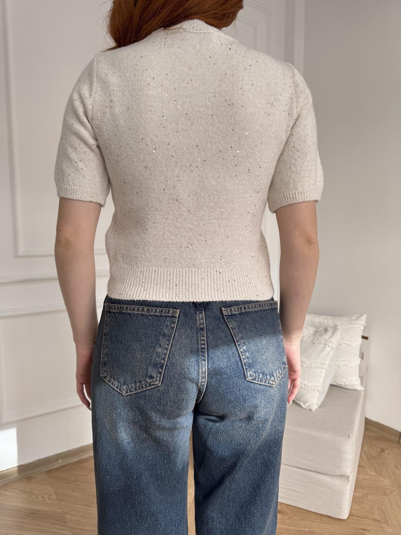 Kısa Kol Pullu Simli Triko Krem