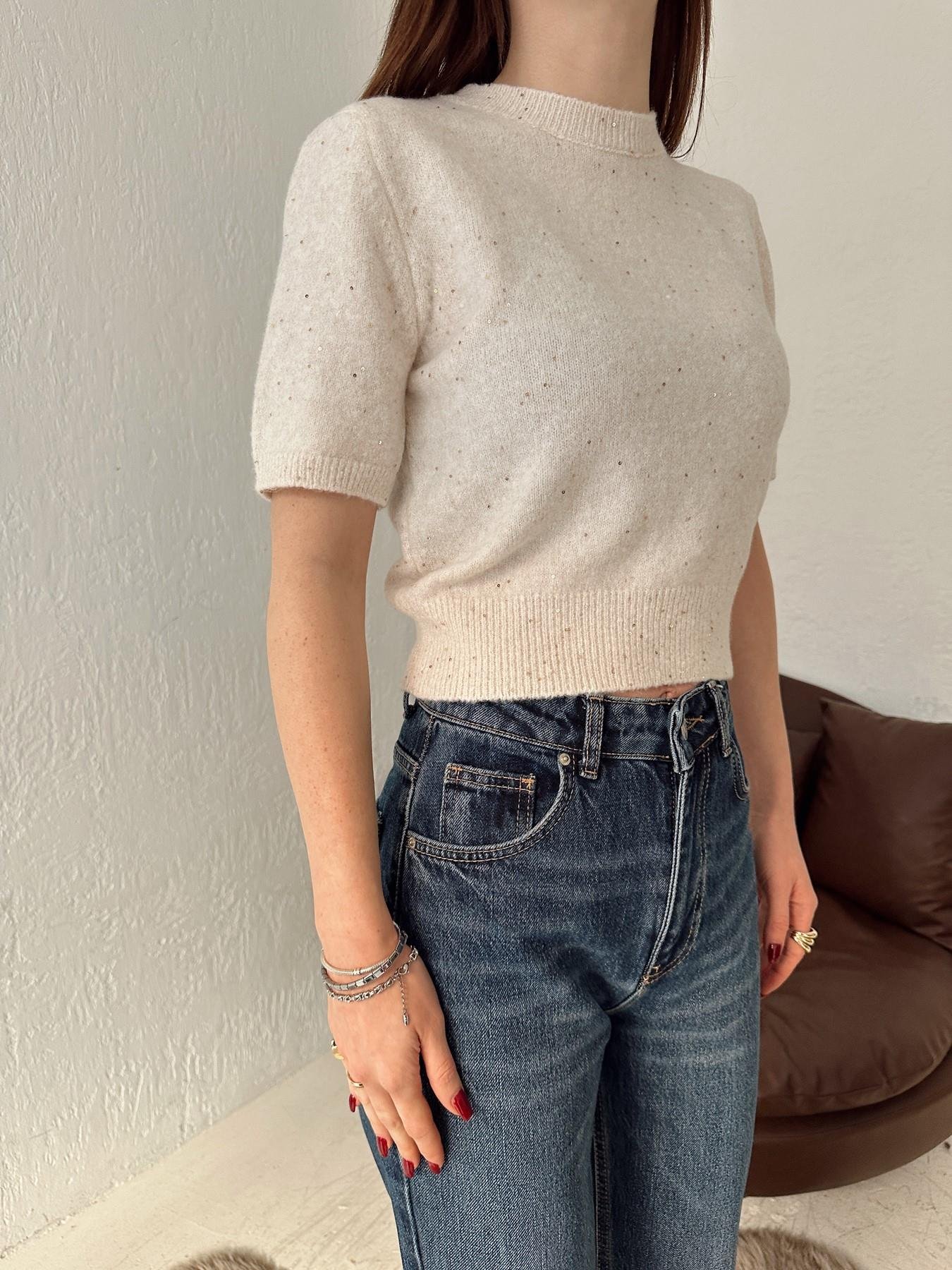 Kısa Kol Pullu Simli Triko KREM