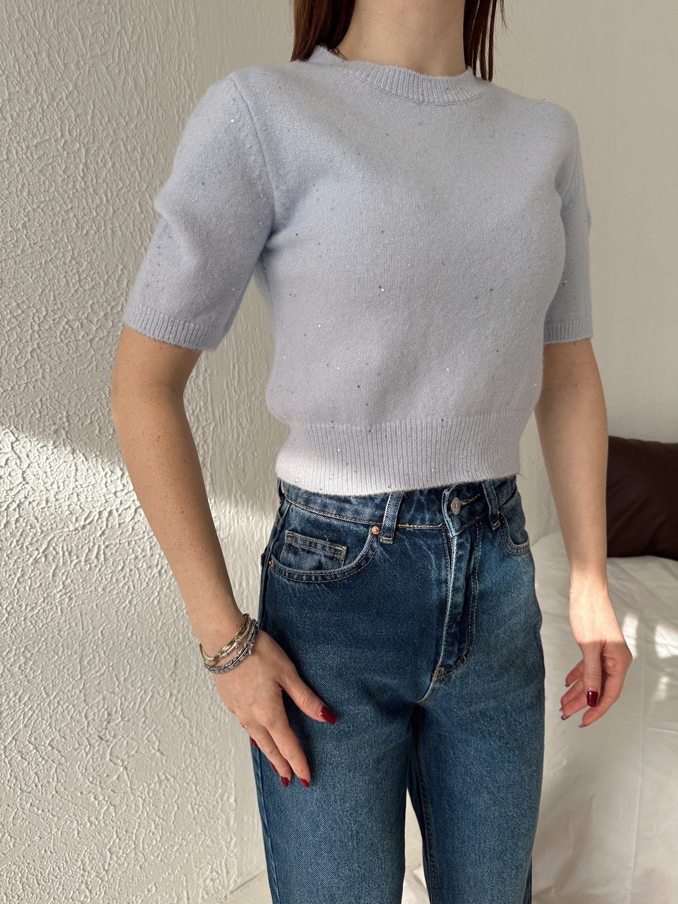 Kısa Kol Pullu Simli Triko MAVİ